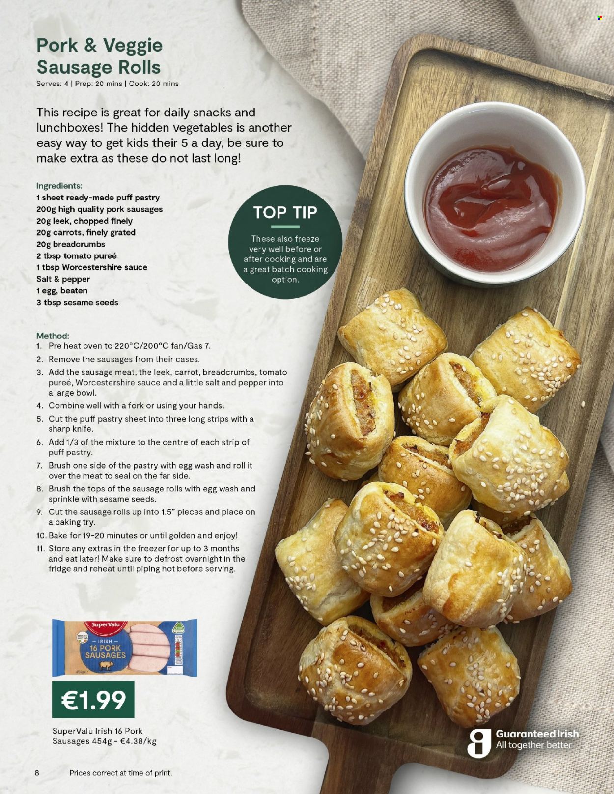 thumbnail - SuperValu offer  - Sales products - sausage rolls, leek, sausage, snack, tomato sauce, tomato puree, worcestershire sauce, sausage meat, knife, brush. Page 8.