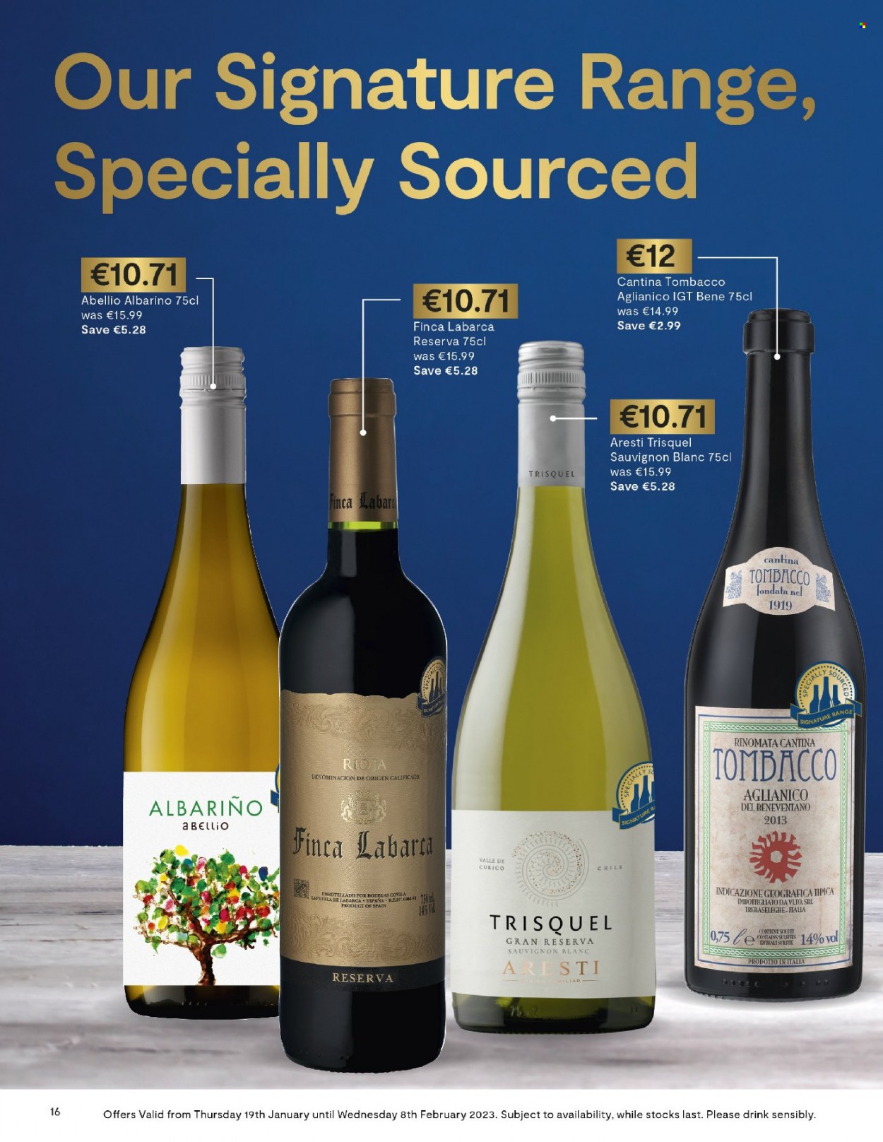 SuperValu offer  - Sales products - red wine, white wine, wine, Finca Labarca, Abellio Albariño, Sauvignon Blanc. Page 16.