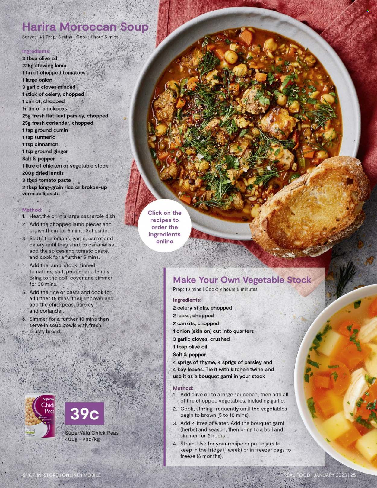 thumbnail - SuperValu offer  - Sales products - garlic, ginger, parsley, vegetable stock, soup, celery sticks, lentils, tomato paste, chopped tomatoes, chickpeas, ground ginger, turmeric, cloves, cumin, cinnamon, coriander. Page 25.