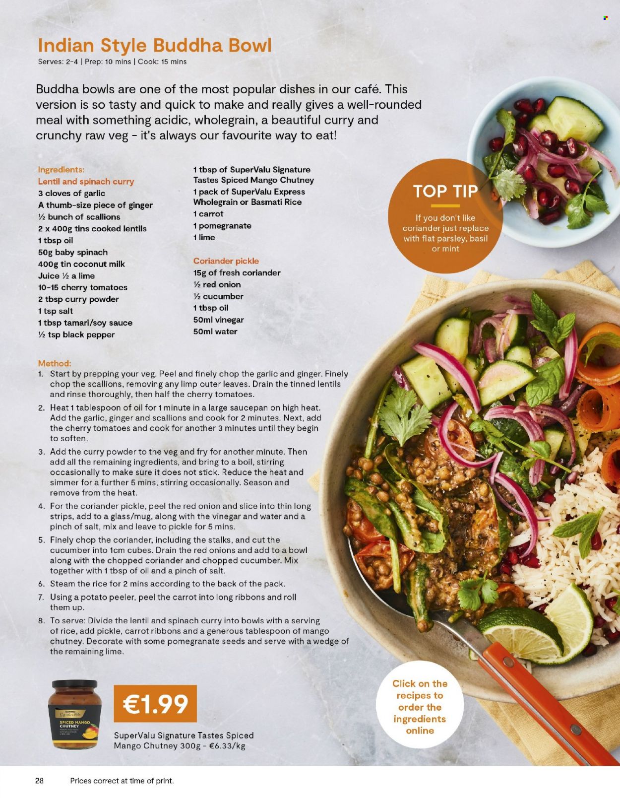 thumbnail - SuperValu offer  - Sales products - garlic, red onions, parsley, onion, cherries, pomegranate, coconut milk, lentils, basmati rice, rice, black pepper, cloves, curry powder, coriander, soy sauce, chutney, vinegar, juice. Page 28.