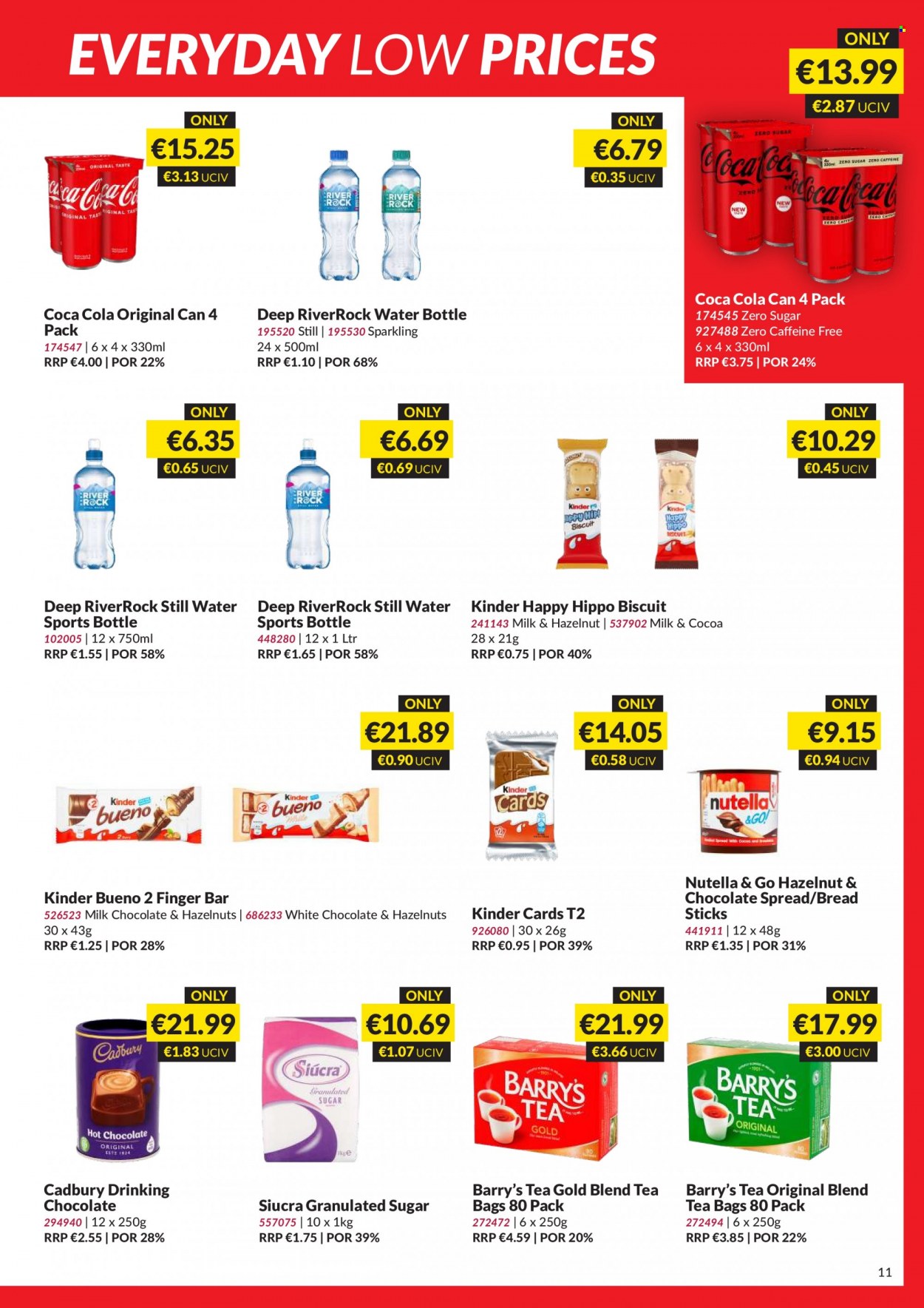 thumbnail - MUSGRAVE Market Place offer  - 22.01.2023 - 11.02.2023 - Sales products - milk chocolate, white chocolate, Nutella, Kinder Bueno, biscuit, Cadbury, bread sticks, granulated sugar, Coca-Cola, mineral water, bottled water, hot chocolate, tea bags, drink bottle, travel bottle. Page 11.