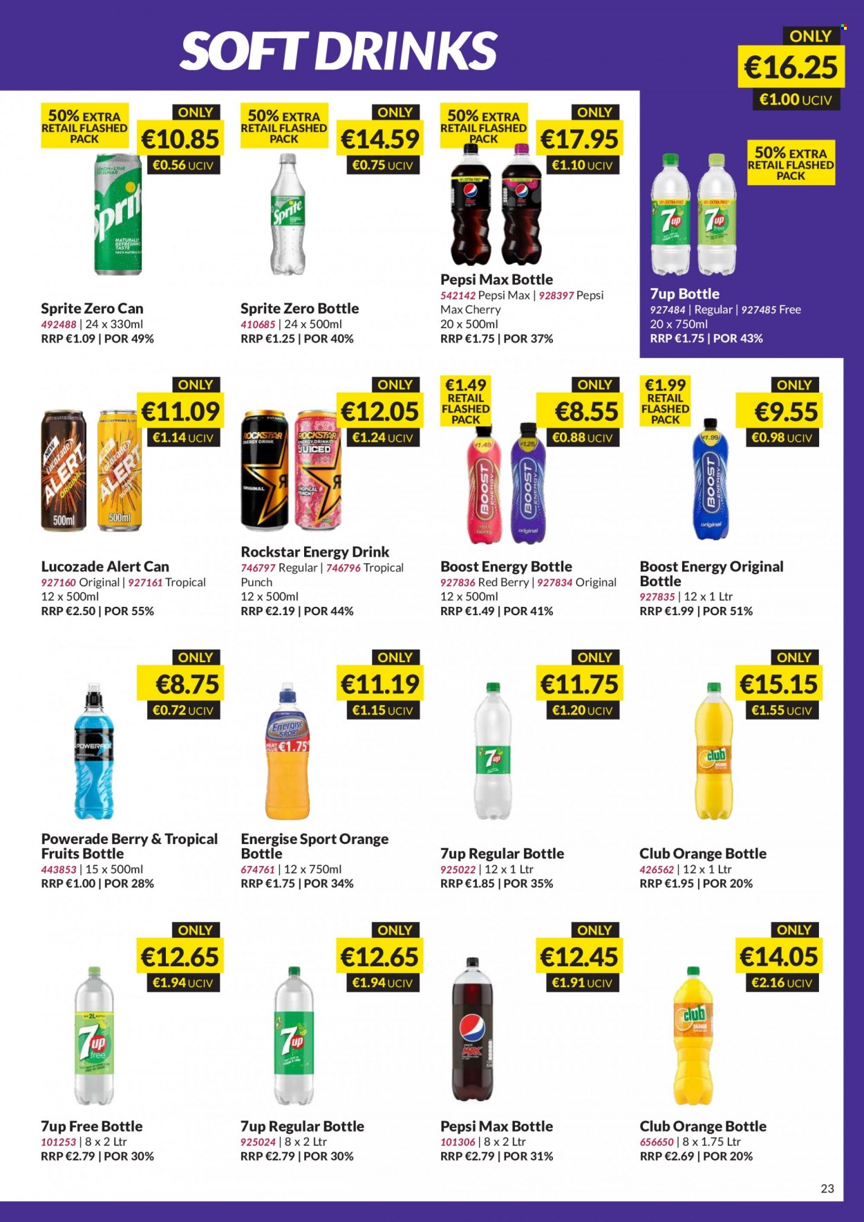 thumbnail - MUSGRAVE Market Place offer  - 22.01.2023 - 11.02.2023 - Sales products - cherries, Sprite, Powerade, Pepsi, energy drink, Pepsi Max, soft drink, 7UP, Lucozade, Rockstar, Boost, punch. Page 23.
