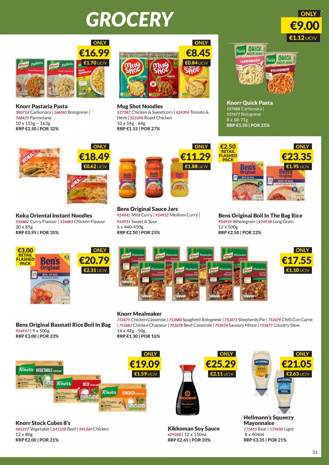 thumbnail - MUSGRAVE Market Place offer  - 22.01.2023 - 11.02.2023 - Sales products - pie, spaghetti, chicken roast, pasta, instant noodles, Knorr, sauce, noodles, Hellmann’s, basmati rice, rice, soy sauce, Kikkoman, mug, casserole, jar. Page 31.