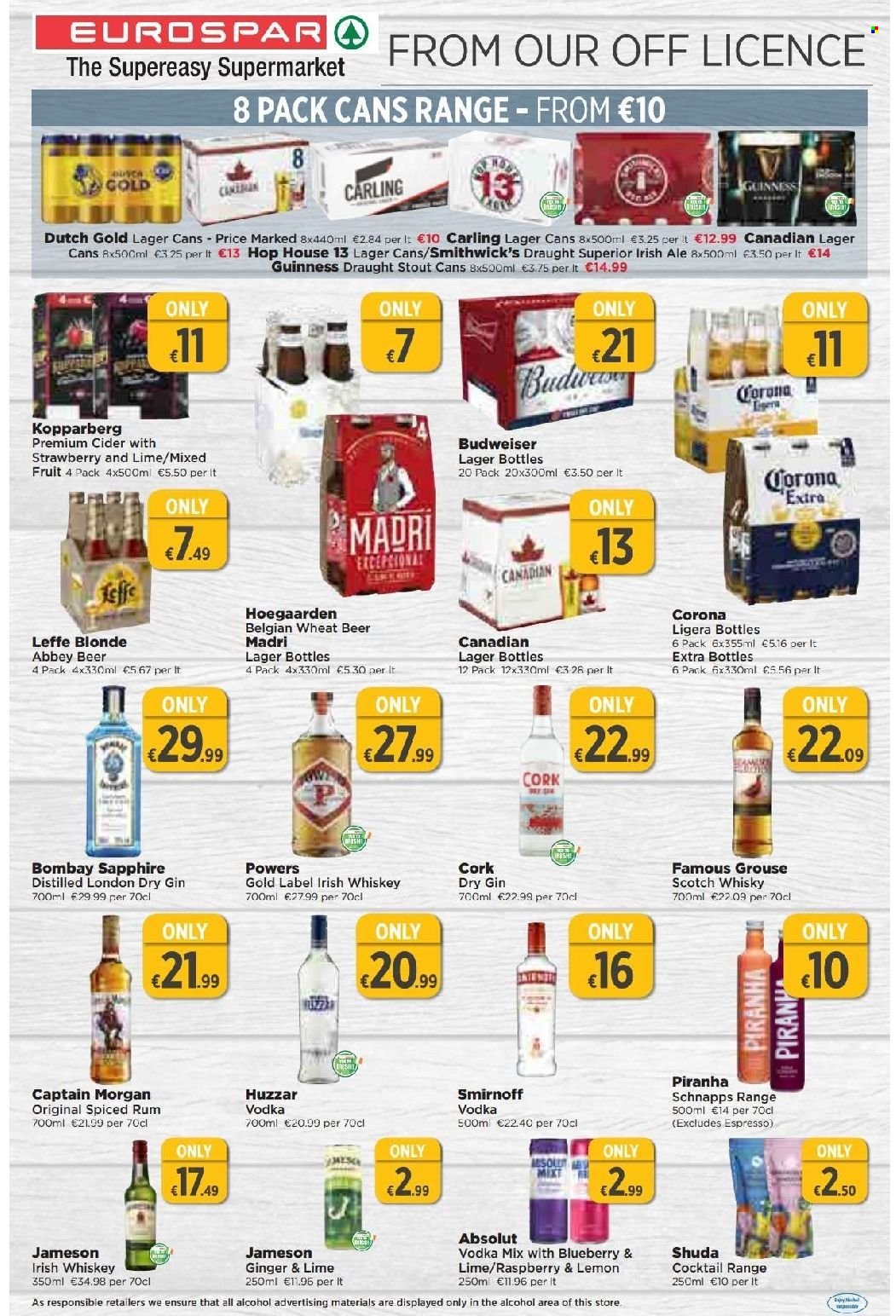 thumbnail - EUROSPAR offer  - 19.01.2023 - 08.02.2023 - Sales products - alcohol, Captain Morgan, gin, rum, schnapps, Smirnoff, spiced rum, vodka, whiskey, irish whiskey, Jameson, Absolut, Kopparberg, scotch whisky, whisky, cider, beer, Corona Extra, Guinness, Carling, Lager, Budweiser. Page 15.