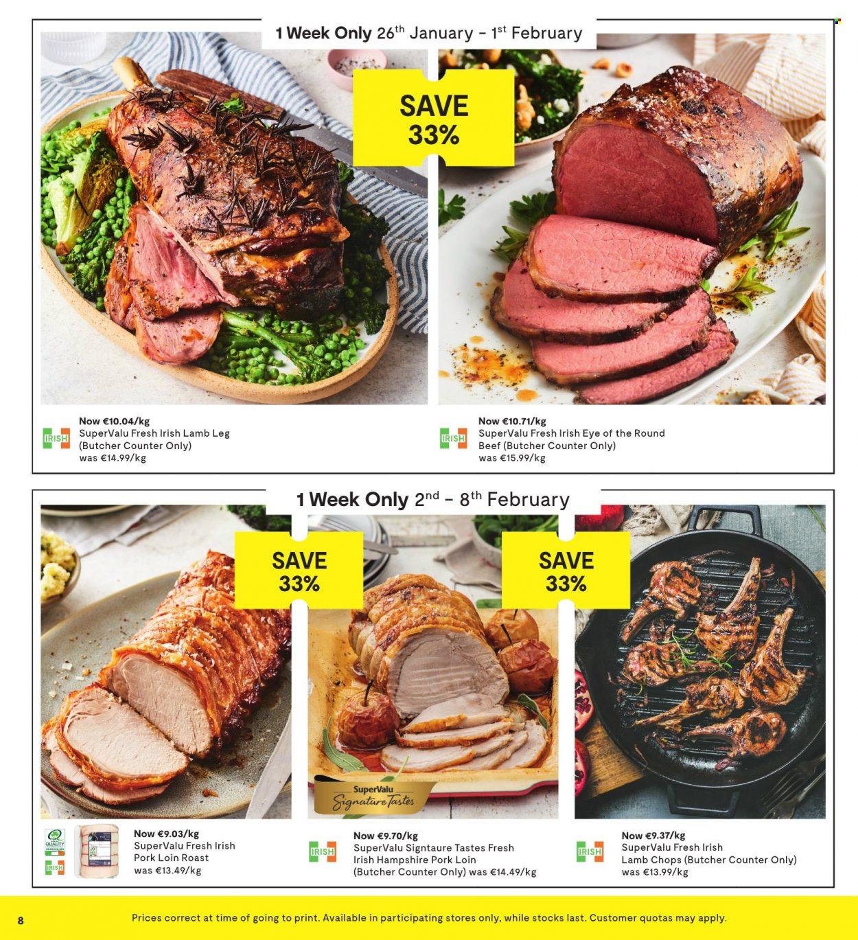 thumbnail - SuperValu offer  - 26.01.2023 - 08.02.2023 - Sales products - pork loin, pork meat, lamb chops, lamb meat, lamb leg. Page 8.