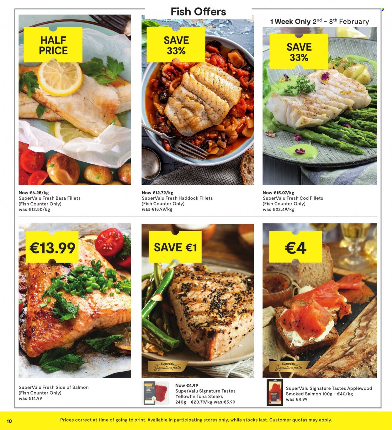 thumbnail - SuperValu offer  - 26.01.2023 - 08.02.2023 - Sales products - cod, salmon, smoked salmon, tuna, haddock, fish, steak. Page 10.