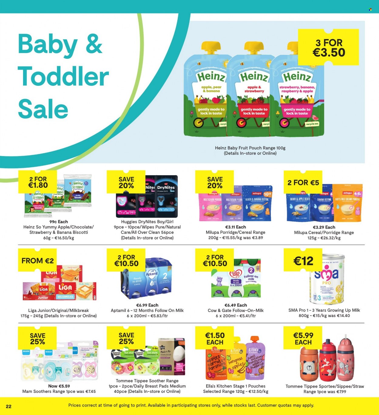 thumbnail - SuperValu offer  - 26.01.2023 - 08.02.2023 - Sales products - parsnips, milk, biscotti, chocolate, soother, Heinz, cereals, porridge, wipes, Huggies, pants, DryNites, straw, vitamin c. Page 22.