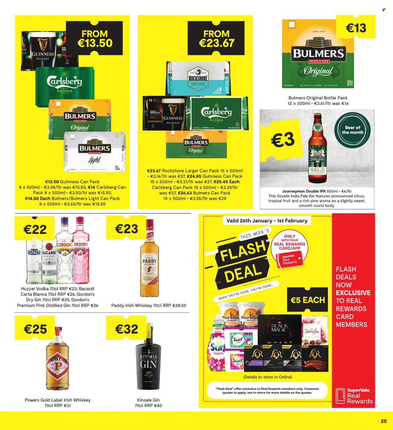 thumbnail - SuperValu offer  - 26.01.2023 - 08.02.2023 - Sales products - L'Or, Bacardi, gin, vodka, whiskey, irish whiskey, Gordon's, whisky, cider, beer, Bulmers, Carlsberg, Guinness, Lager, IPA, Rockshore, Surf. Page 25.