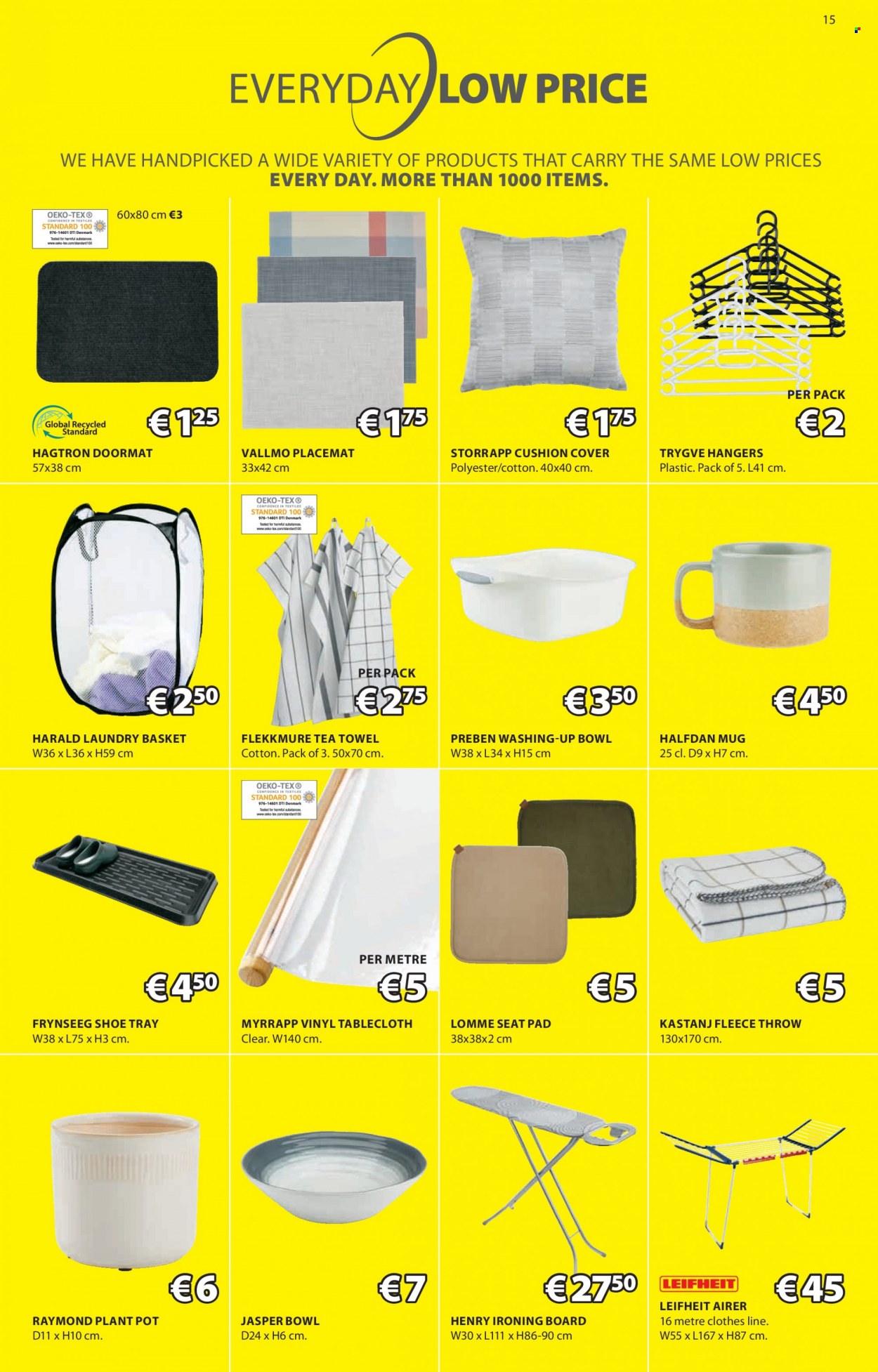 thumbnail - JYSK offer  - 26.01.2023 - 08.02.2023 - Sales products - cushion, placemat, basket, hanger, ironing board, airer, mug, tray, pot, bowl, tablecloth, tea towels, fleece throw, door mat, plant pot. Page 15.
