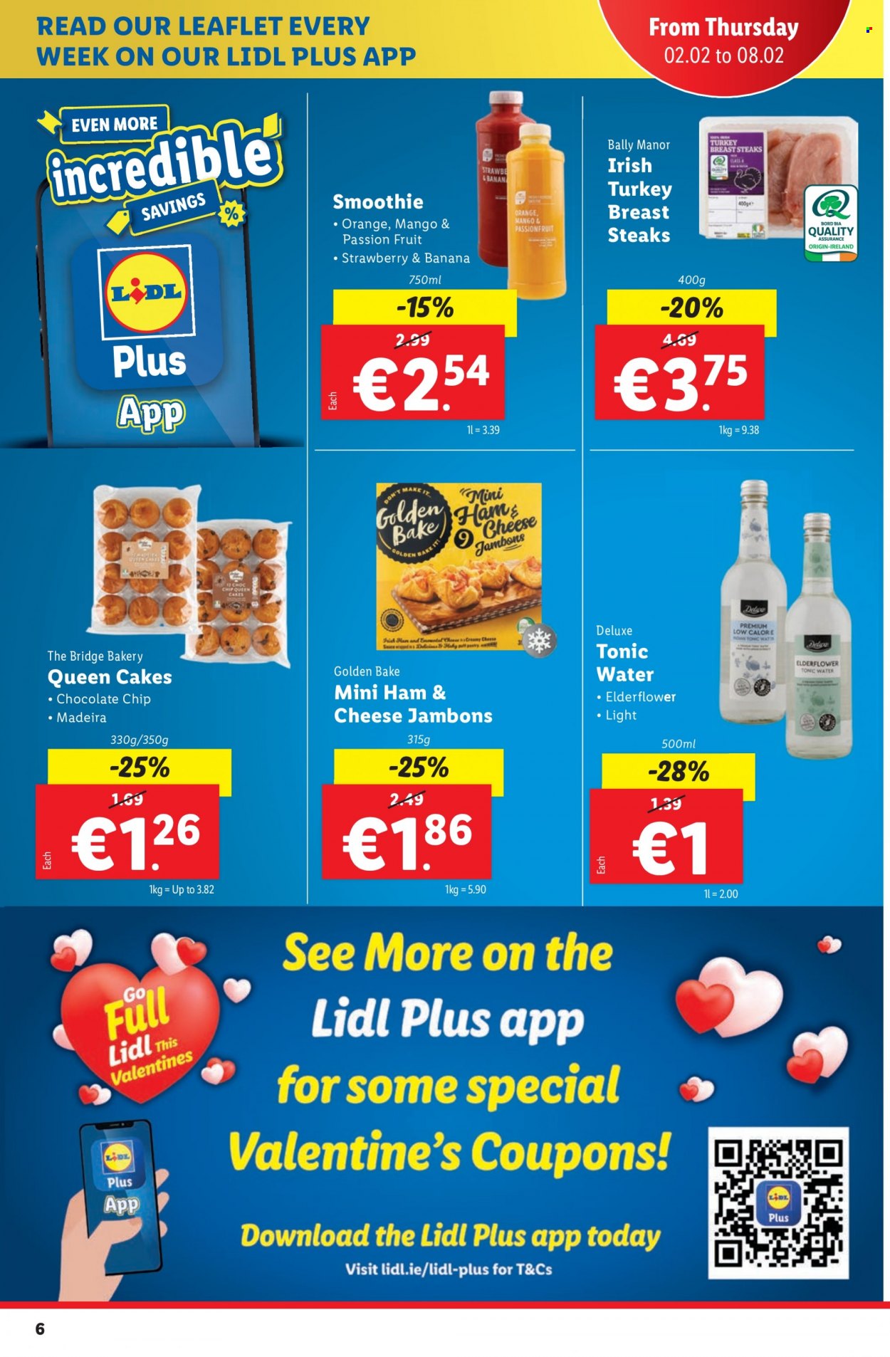 thumbnail - Lidl offer  - 02.02.2023 - 08.02.2023 - Sales products - cake, fish, chocolate chips, smoothie, turkey breast, steak. Page 6.