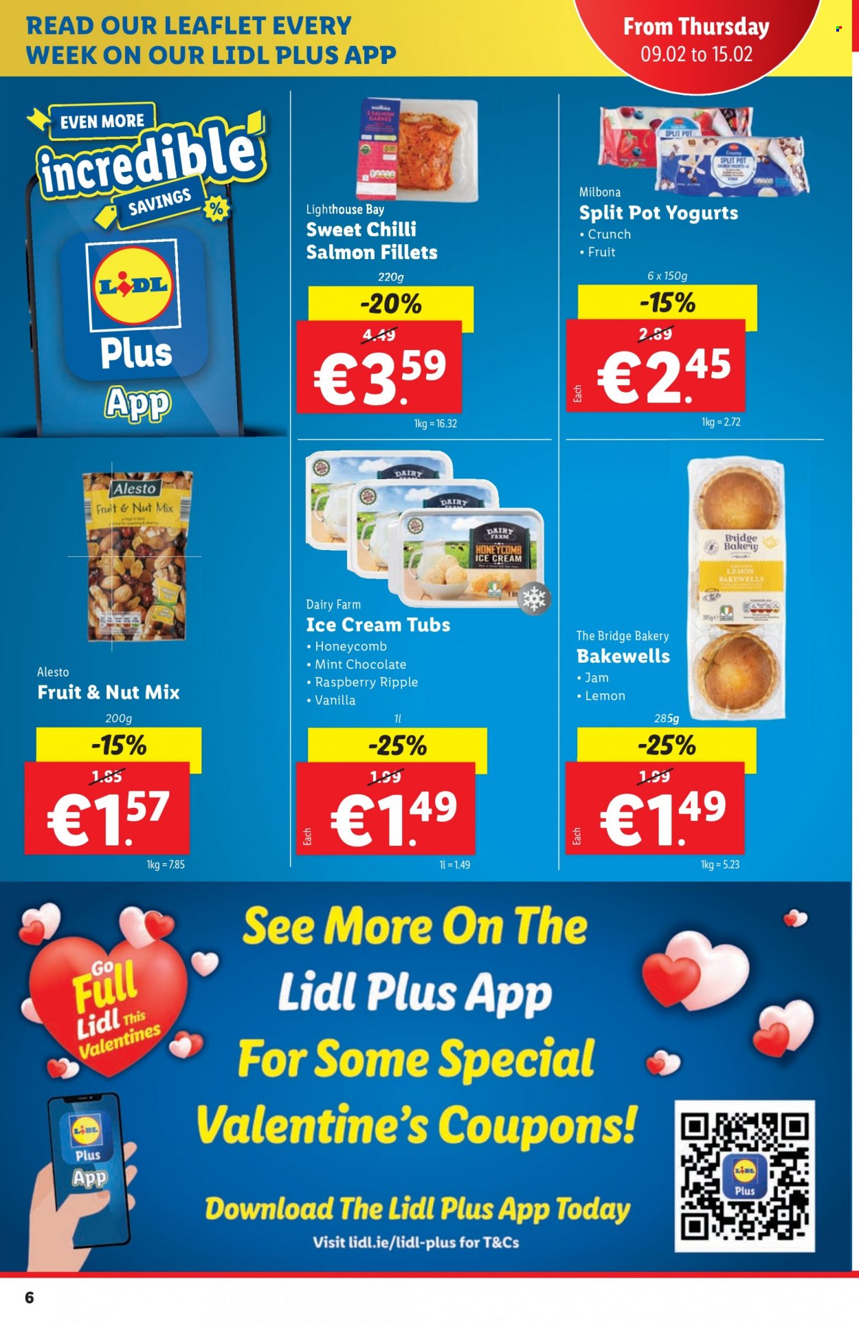 thumbnail - Lidl offer  - 09.02.2023 - 15.02.2023 - Sales products - salmon, salmon fillet, ice cream, fruit jam, fruit & nut mix, pot. Page 6.