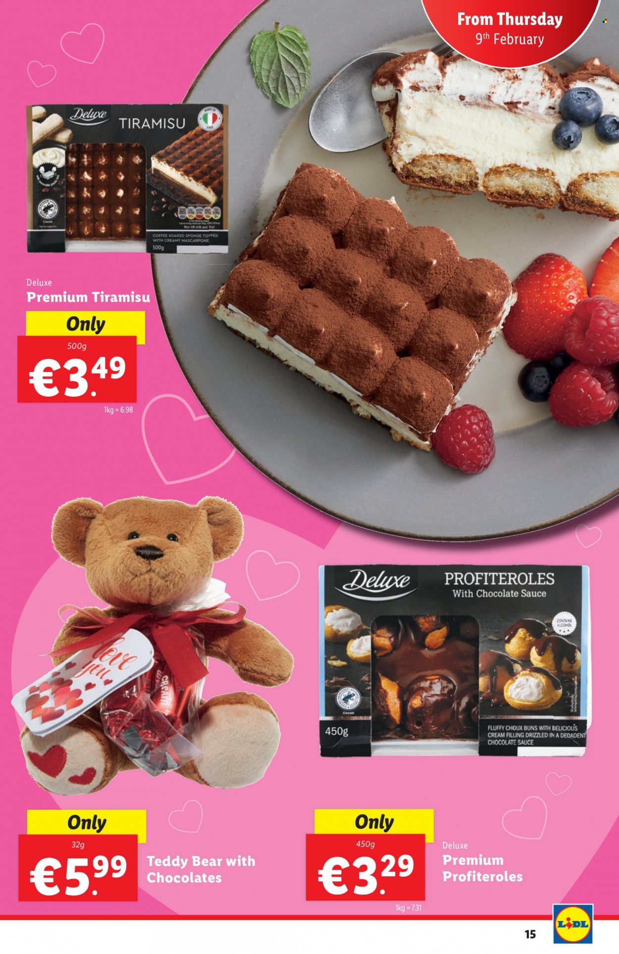 thumbnail - Lidl offer  - 09.02.2023 - 15.02.2023 - Sales products - buns, tiramisu, sauce, mascarpone, milk, chocolate, coffee, sponge, teddy. Page 15.