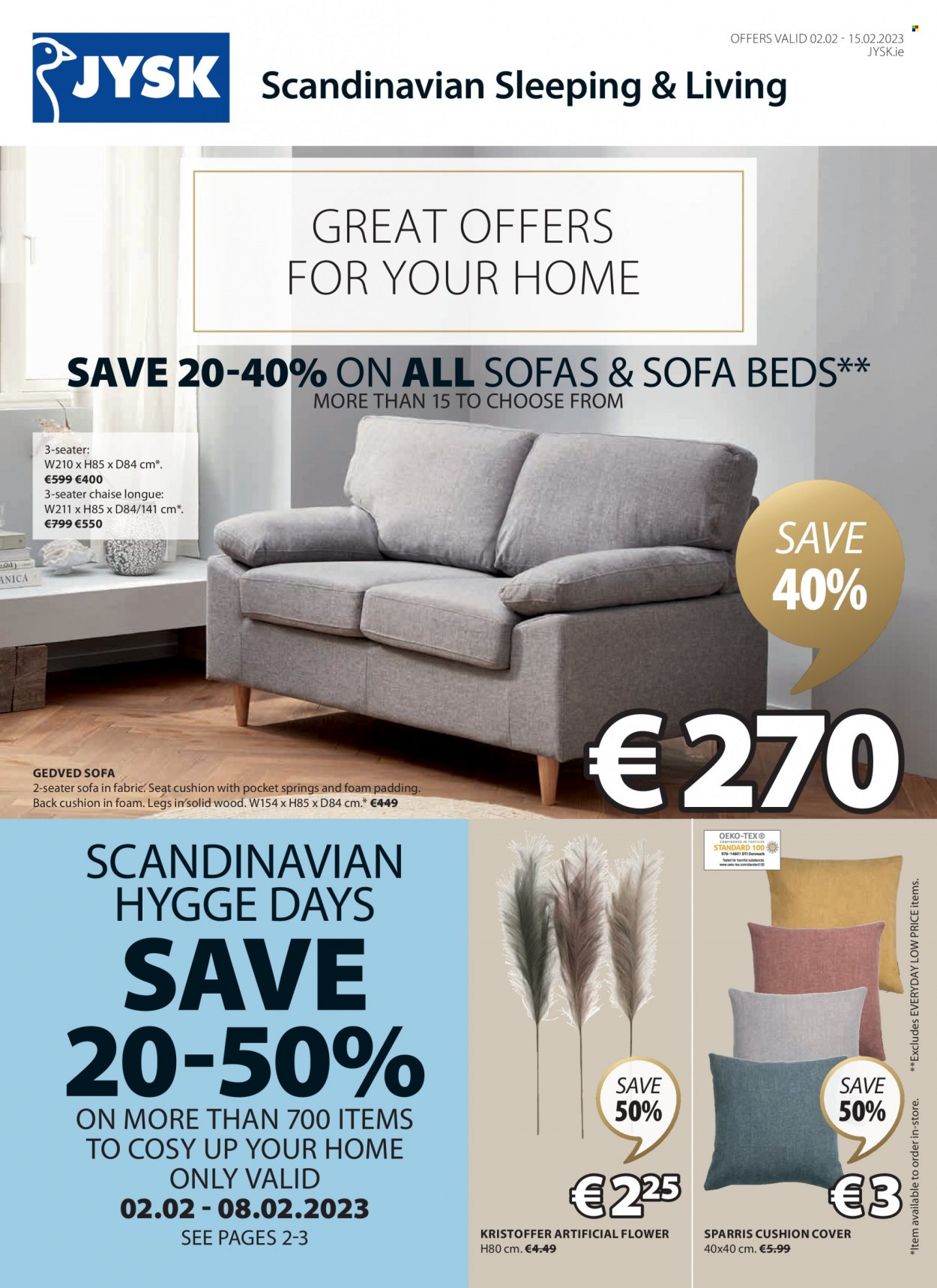 thumbnail - JYSK offer  - 02.02.2023 - 15.02.2023 - Sales products - sofa, chaise longue, bed, cushion, artificial flowers. Page 1.