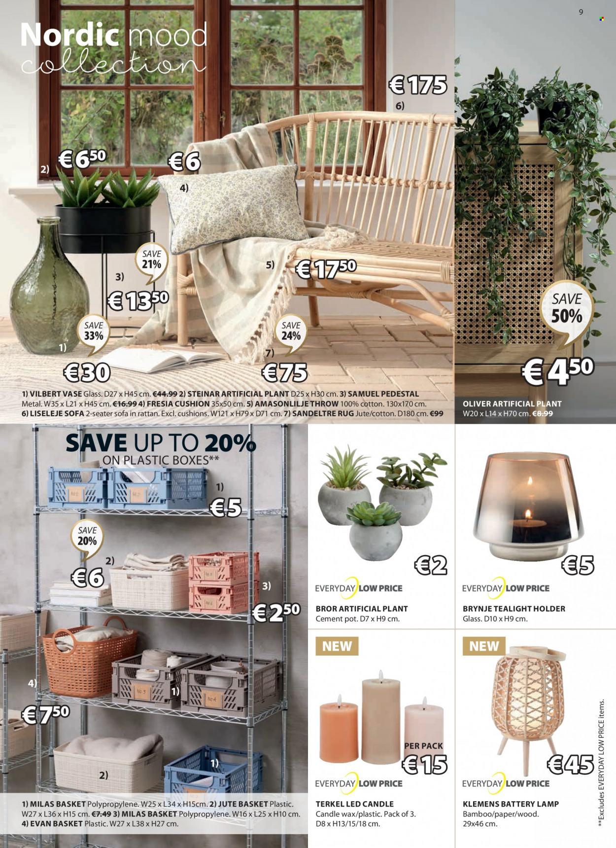 thumbnail - JYSK offer  - 02.02.2023 - 15.02.2023 - Sales products - sofa, cushion, tealight holder, vase, artificial plant, basket, holder, pot, paper, candle, tealight, lamp, rug. Page 9.
