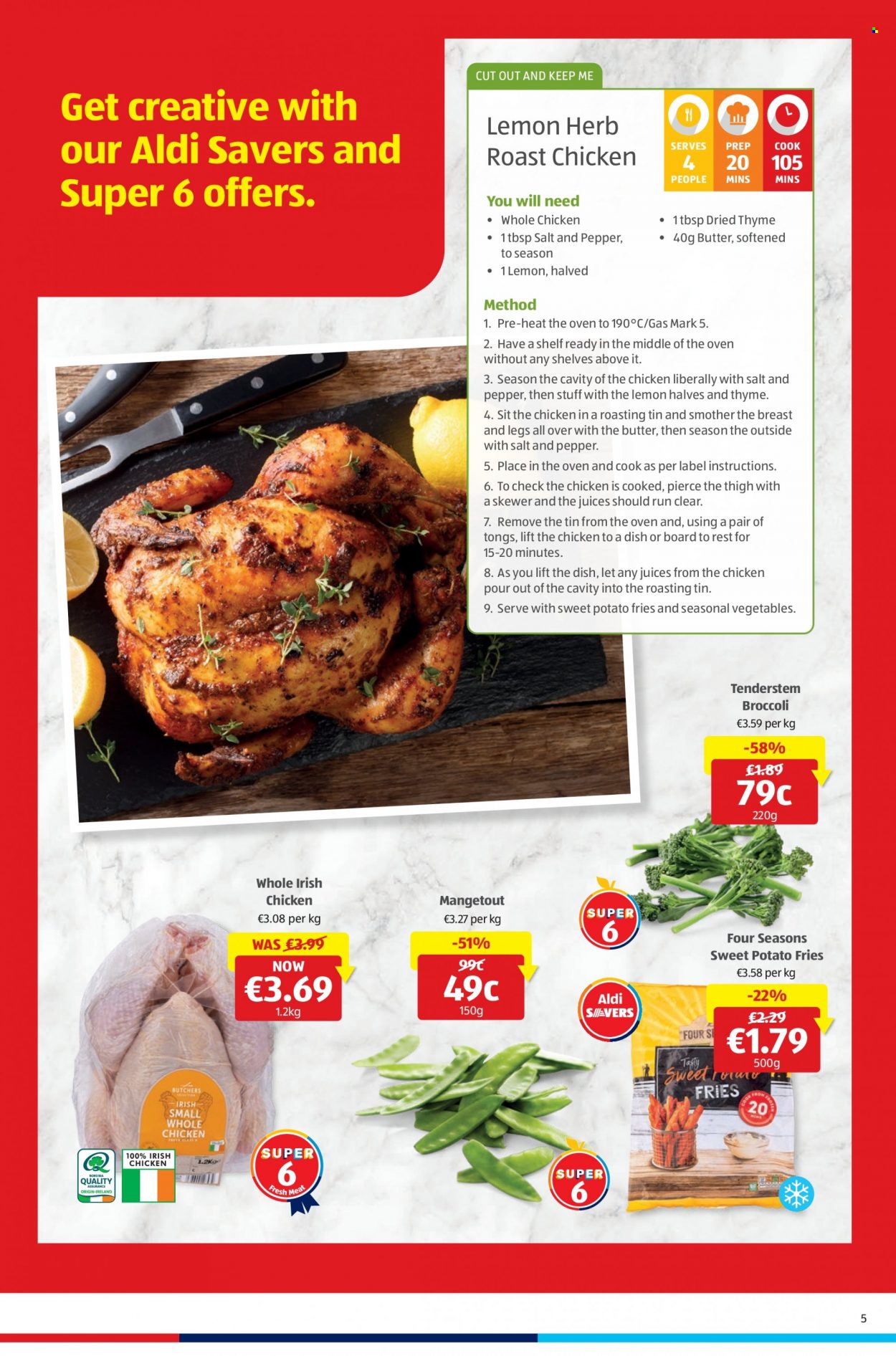 thumbnail - Aldi offer  - 09.02.2023 - 15.02.2023 - Sales products - broccoli, chicken roast, butter, sweet potato fries, pepper, herbs, juice, whole chicken, tong. Page 5.
