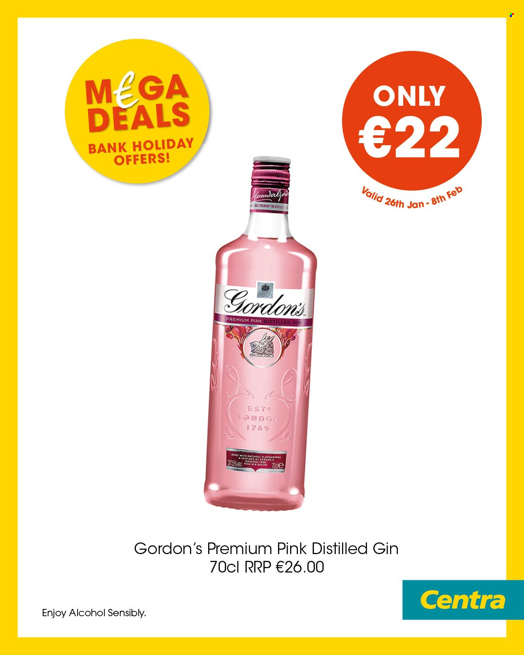 thumbnail - Centra offer  - 26.01.2023 - 08.02.2023 - Sales products - flounder, alcohol, gin, Gordon's. Page 1.