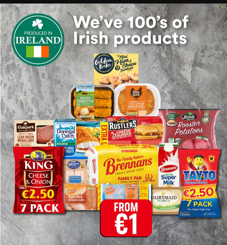 Iceland offer  - Sales products - bread, potatoes, bacon, ham, milk, Donegal Catch, Chicken Kiev, potato croquettes, TAYTO, pan. Page 1.