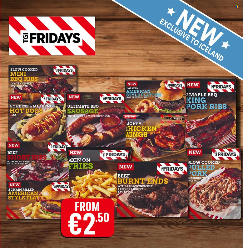 Iceland offer  - Sales products - hot dog, sauce, pulled pork, bbq, sausage, chicken wings, potato fries, barbecue sauce, mustard, mustard sauce, pork meat, pork ribs. Page 2.