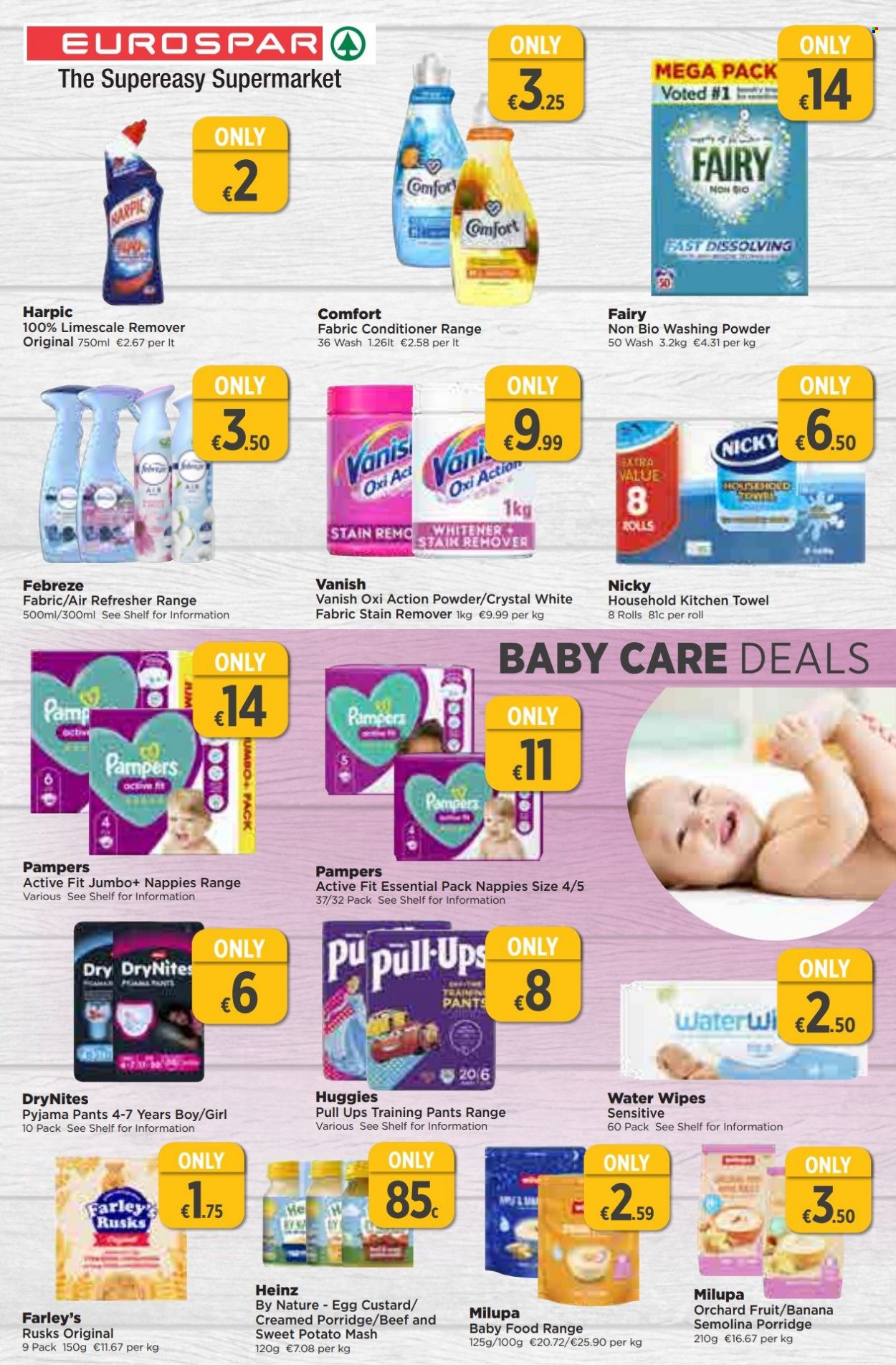 thumbnail - EUROSPAR offer  - 02.03.2023 - 22.03.2023 - Sales products - rusks, custard, eggs, semolina, Heinz, porridge, water, wipes, Huggies, Pampers, pants, nappies, DryNites, baby pants, kitchen towels, Febreze, stain remover, Fairy, Harpic, Vanish, Fab, refresher. Page 12.