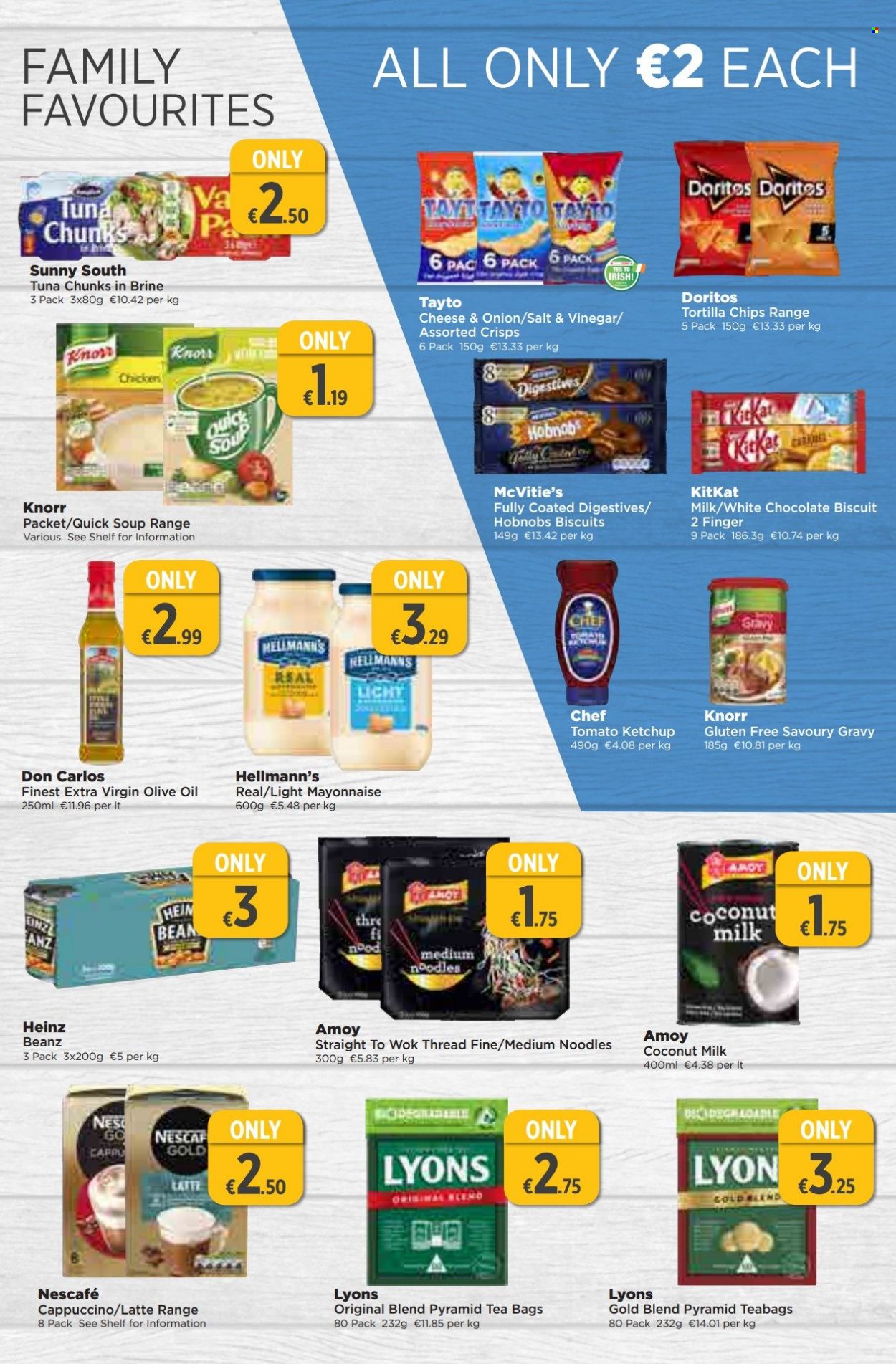 thumbnail - EUROSPAR offer  - 02.03.2023 - 22.03.2023 - Sales products - tuna, soup, Knorr, noodles, mayonnaise, Hellmann’s, white chocolate, chocolate, KitKat, biscuit, Doritos, tortilla chips, chips, Tayto, coconut milk, Heinz, ketchup, extra virgin olive oil, olive oil, oil, tea bags, Lyons, cappuccino, Nescafé, wok. Page 9.