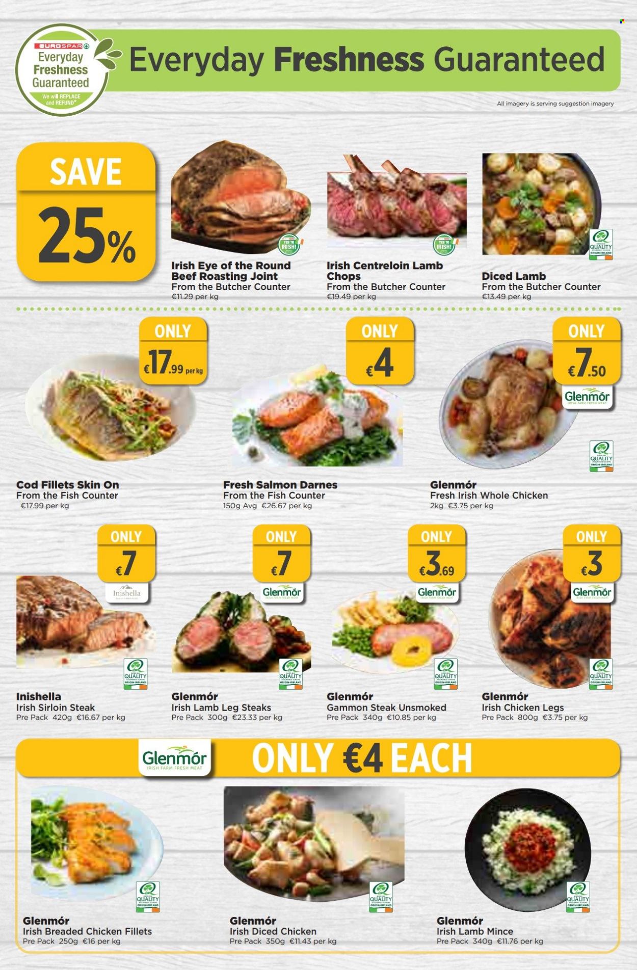 thumbnail - EUROSPAR offer  - 02.03.2023 - 22.03.2023 - Sales products - cod, salmon, fish, fried chicken, gammon, whole chicken, chicken legs, beef sirloin, steak, sirloin steak, ground lamb, lamb chops, lamb meat, lamb leg. Page 2.