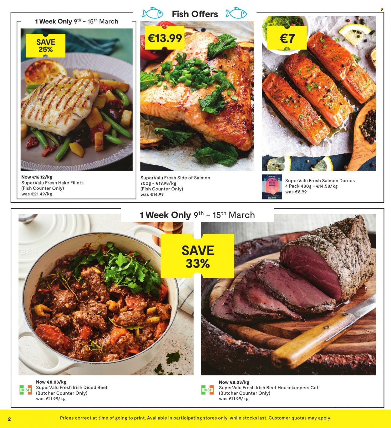 thumbnail - SuperValu offer  - 09.03.2023 - 22.03.2023 - Sales products - salmon, hake, fish, beef meat, diced beef. Page 3.