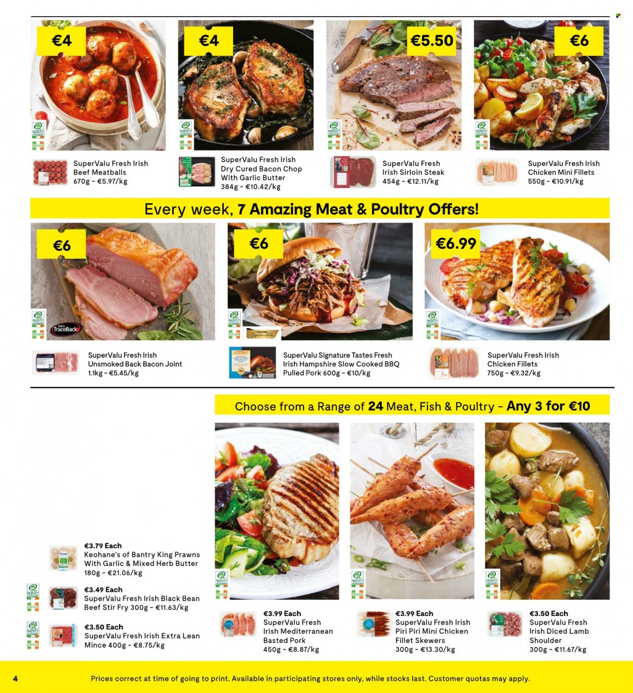 thumbnail - SuperValu offer  - 09.03.2023 - 22.03.2023 - Sales products - prawns, fish, meatballs, pulled pork, bacon, herbs, beef sirloin, steak, sirloin steak, pork meat, back bacon joint, lamb meat, lamb shoulder. Page 5.