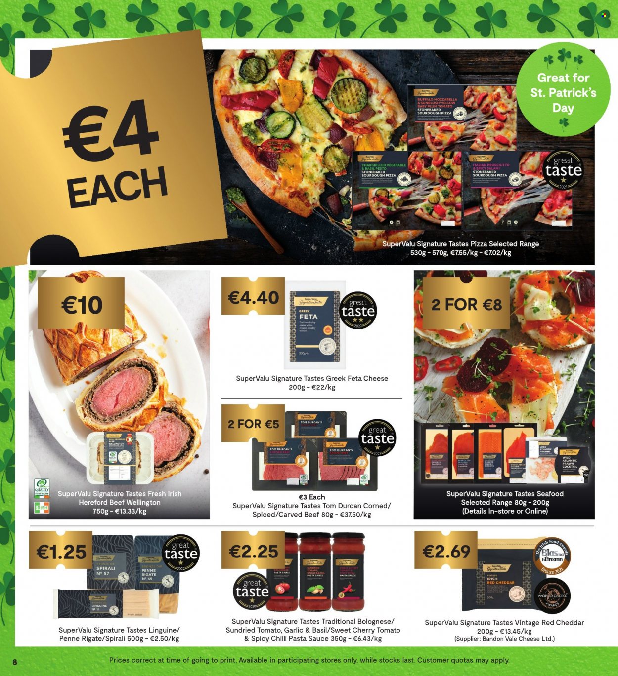 thumbnail - SuperValu offer  - 09.03.2023 - 22.03.2023 - Sales products - cherries, seafood, prawns, pizza, pasta sauce, sauce, salami, prosciutto, cheddar, cheese, feta, dried tomatoes, penne, pesto, basil pesto. Page 9.