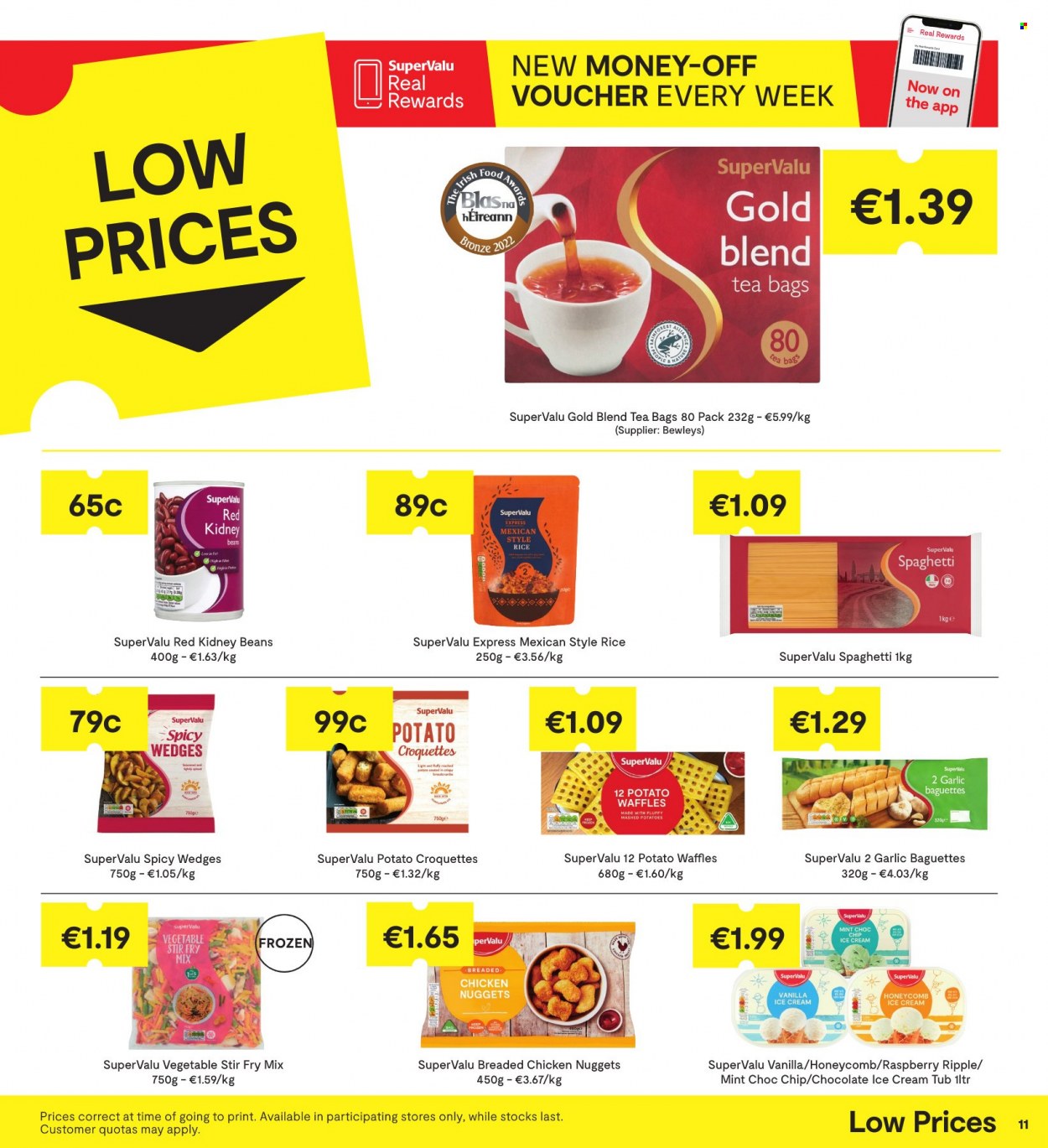 thumbnail - SuperValu offer  - 09.03.2023 - 22.03.2023 - Sales products - baguette, waffles, beans, garlic, mashed potatoes, spaghetti, nuggets, fried chicken, chicken nuggets, ice cream, potato croquettes, kidney beans, rice, tea bags. Page 12.