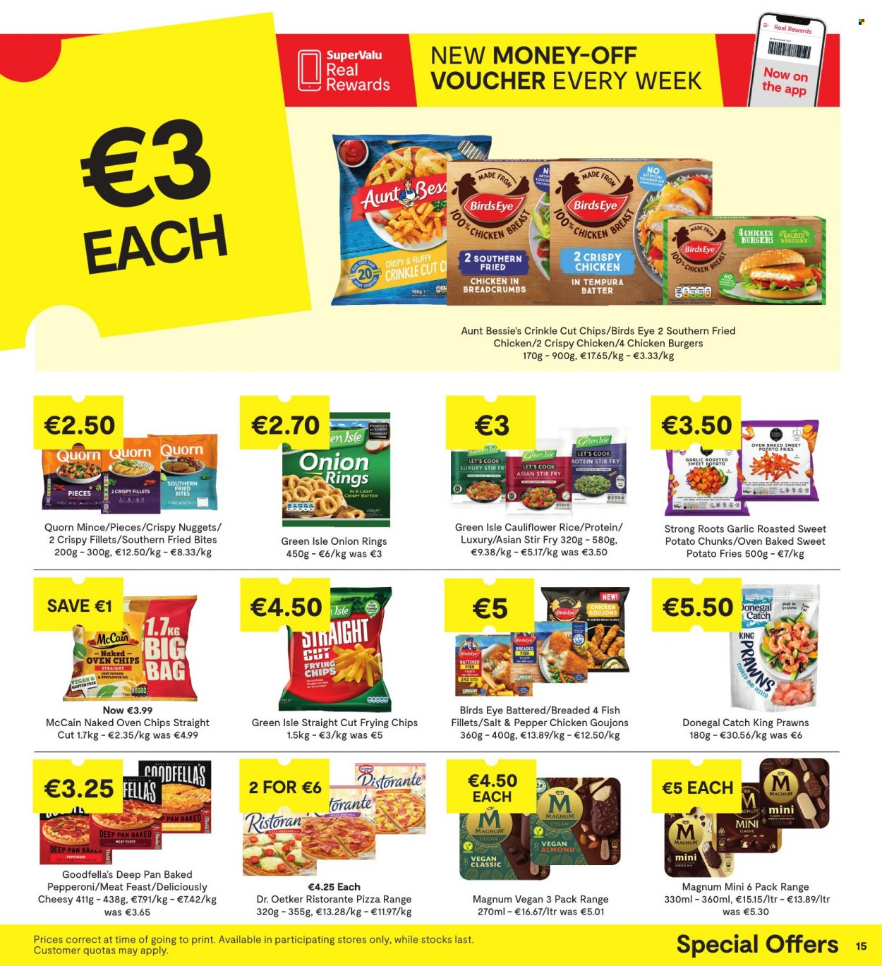 thumbnail - SuperValu offer  - 09.03.2023 - 22.03.2023 - Sales products - Aunt Bessie's, garlic, sweet potato, fish fillets, prawns, fish, pizza, onion rings, nuggets, hamburger, fried chicken, Bird's Eye, breaded fish, pepperoni, Dr. Oetker, Donegal Catch, McCain, frozen chips, sweet potato fries, white chocolate, chocolate. Page 16.