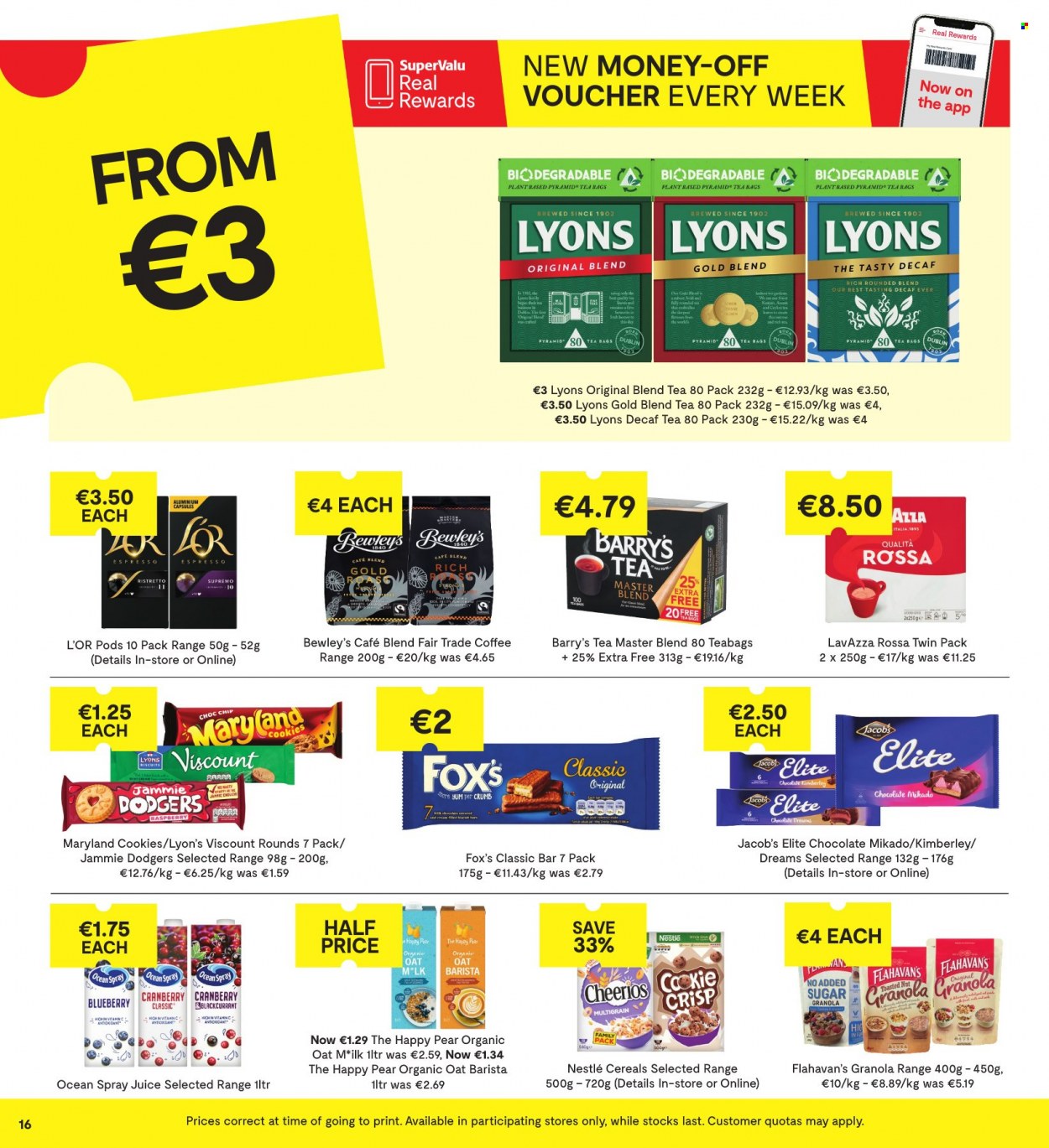 thumbnail - SuperValu offer  - 09.03.2023 - 22.03.2023 - Sales products - pears, cookies, Nestlé, biscuit, cereals, granola, Cheerios, juice, tea bags, Lyons, coffee, Jacobs, L'Or, Lavazza, vitamin c. Page 17.