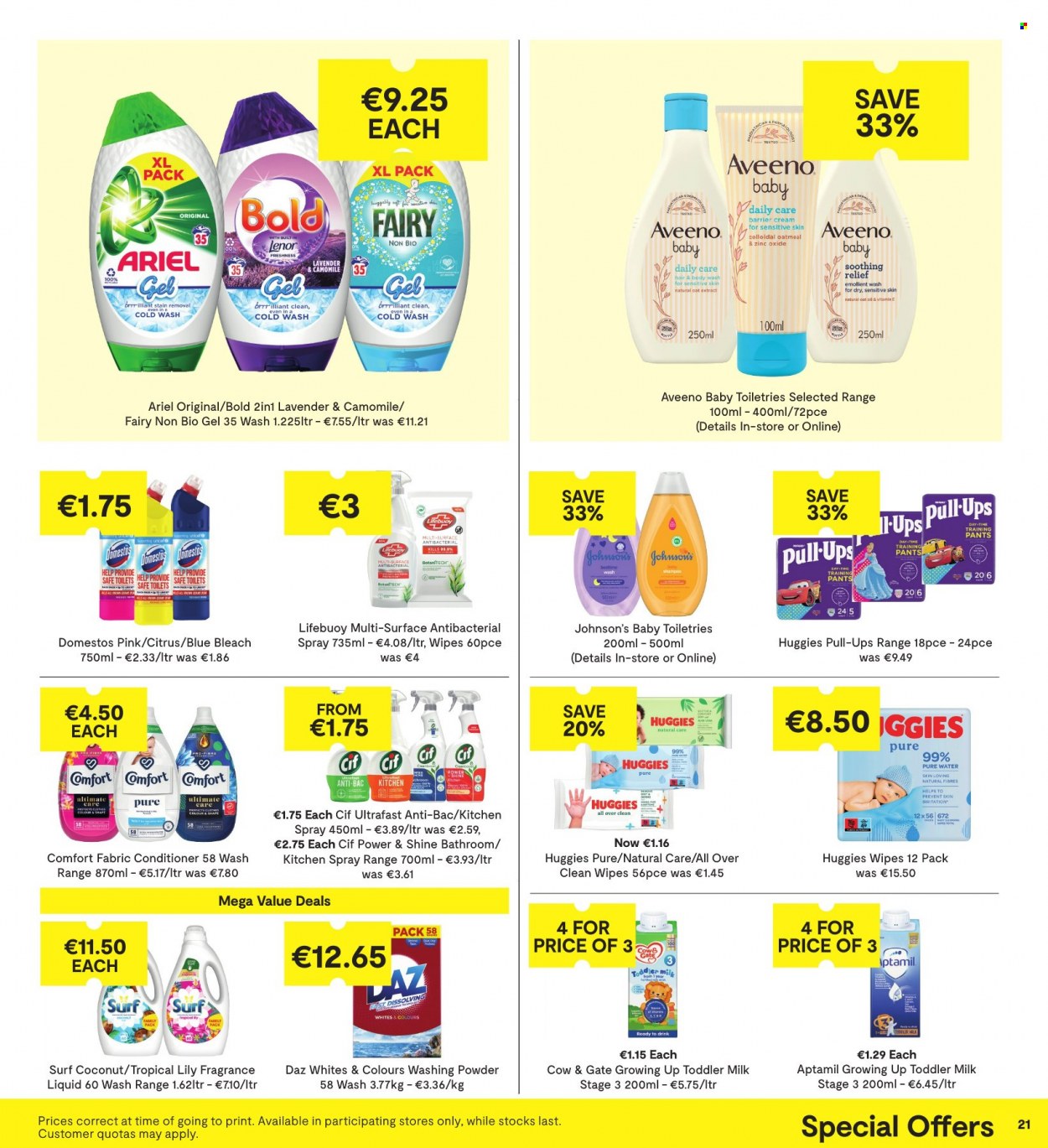 thumbnail - SuperValu offer  - 09.03.2023 - 22.03.2023 - Sales products - coconut, milk, oatmeal, oats, purified water, water, wipes, Huggies, pants, Johnson's, baby pants, Aveeno, Domestos, bleach, Fairy, Cif, Ariel, laundry powder, Surf, Daz Powder, Lenor, Comfort softener, body wash, hair & body wash, Lifebuoy, fragrance, antibacterial spray, zinc. Page 22.