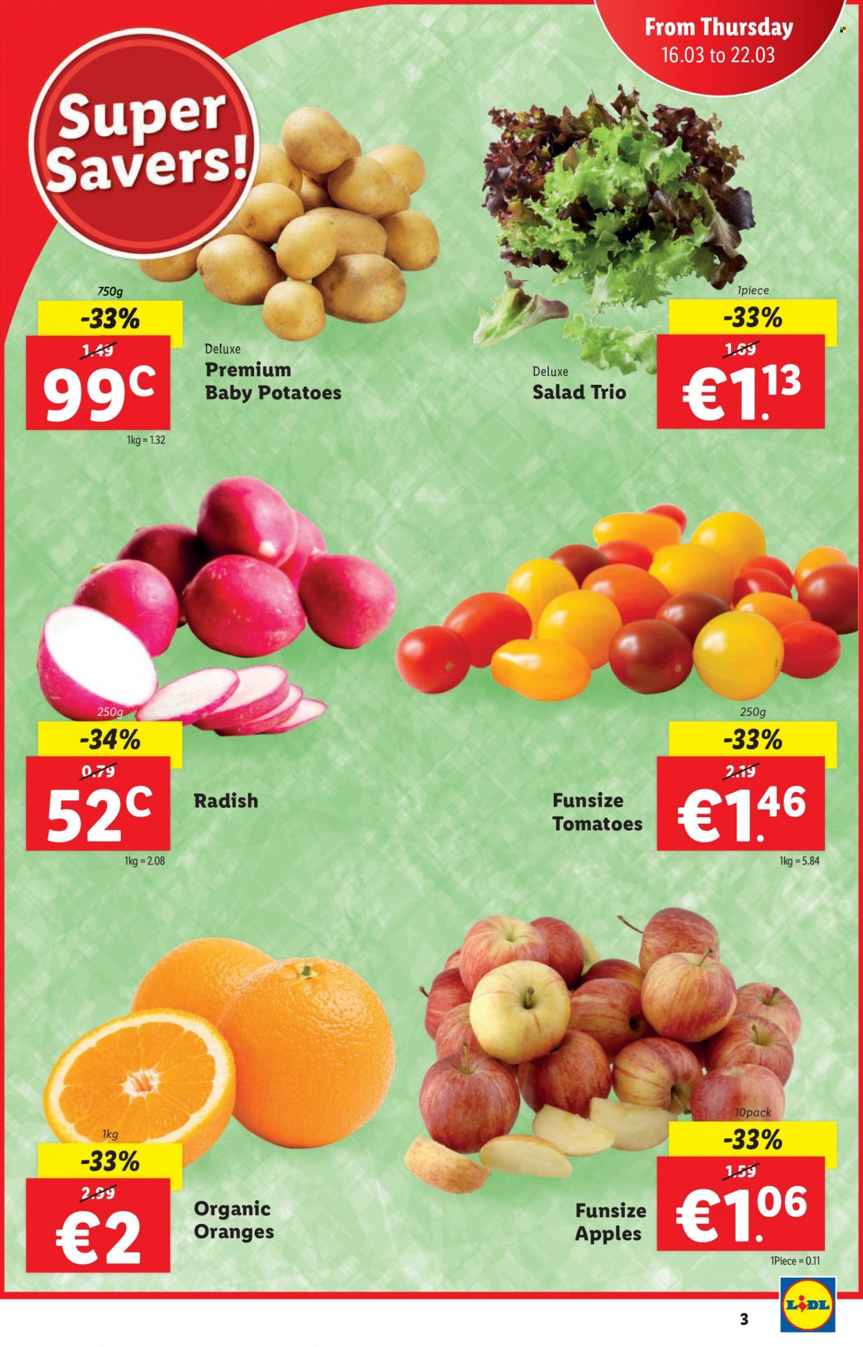 thumbnail - Lidl offer  - 16.03.2023 - 22.03.2023 - Sales products - radishes, tomatoes, potatoes, salad, oranges, apples. Page 3.