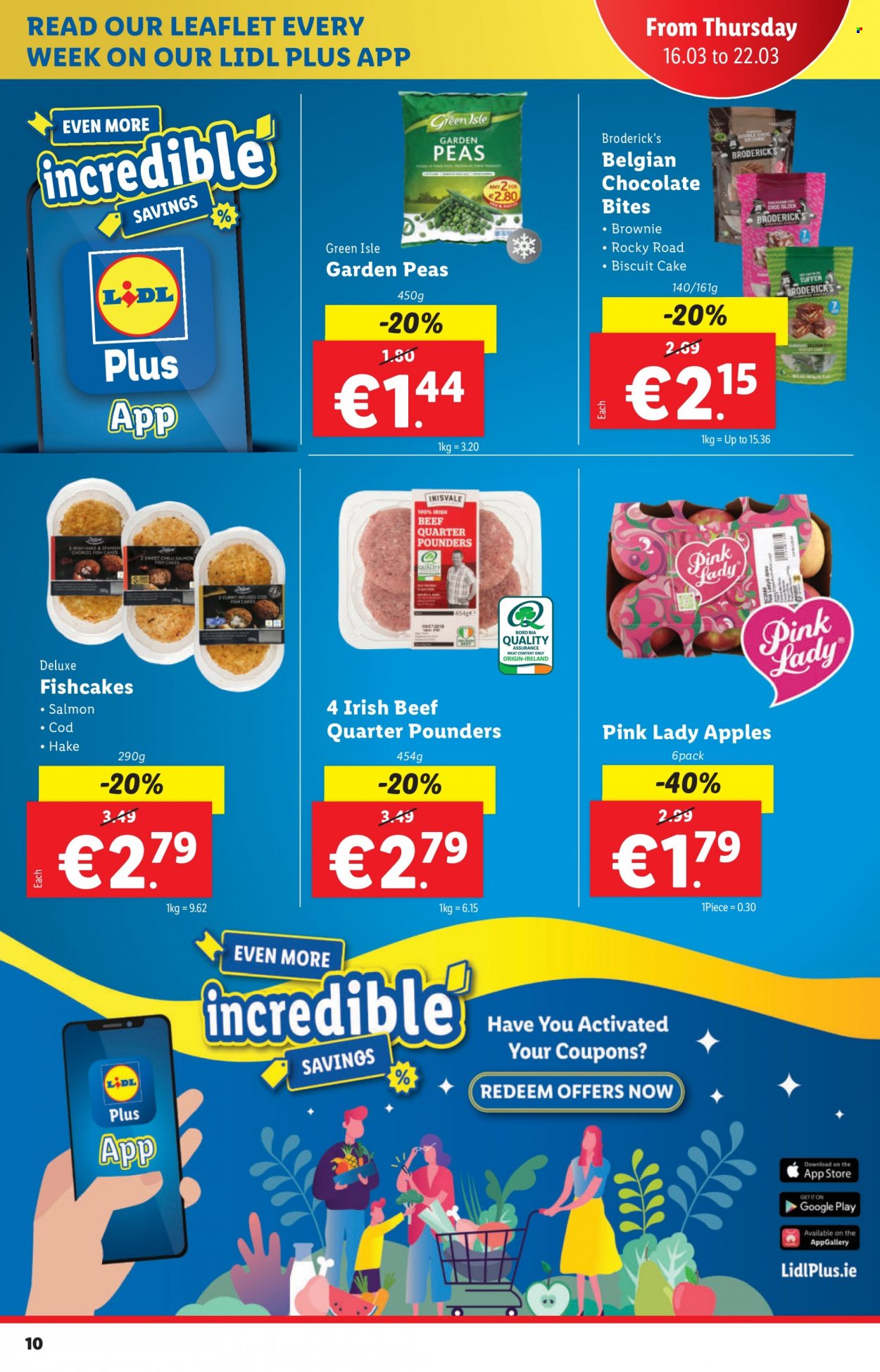 thumbnail - Lidl offer  - 16.03.2023 - 22.03.2023 - Sales products - brownies, peas, apples, Pink Lady, cod, salmon, hake, fish, fish cake, chocolate, biscuit. Page 10.
