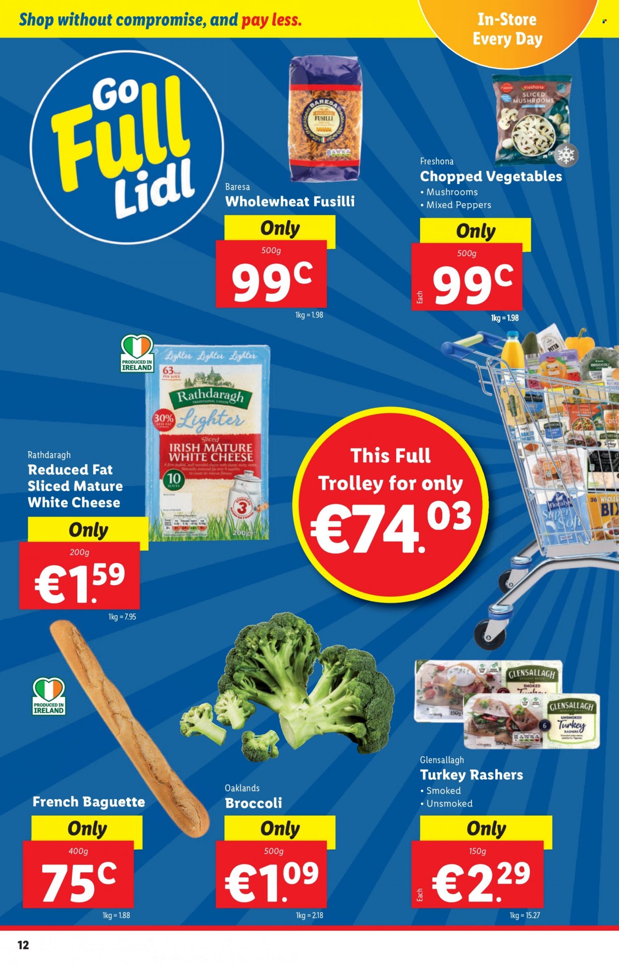thumbnail - Lidl offer  - 16.03.2023 - 22.03.2023 - Sales products - trolley, mushrooms, baguette, broccoli, peppers, cheese. Page 12.