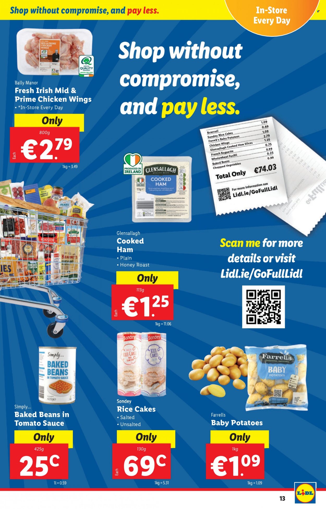 thumbnail - Lidl offer  - 16.03.2023 - 22.03.2023 - Sales products - baguette, beans, broccoli, potatoes, pears, roast, cooked ham, ham, chicken wings, baked beans, honey, shredder. Page 13.