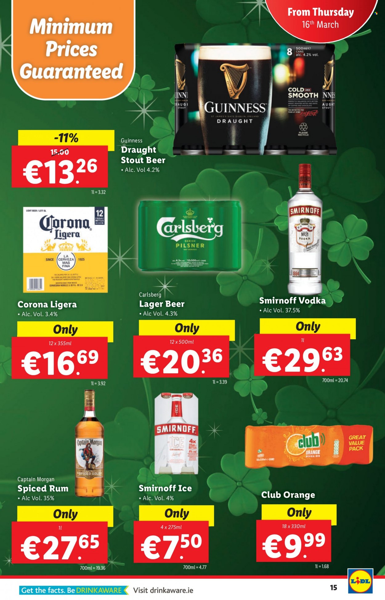 thumbnail - Lidl offer  - 16.03.2023 - 22.03.2023 - Sales products - Acer, coffee, Captain Morgan, rum, Smirnoff, spiced rum, vodka, beer, Corona Extra, Carlsberg, Guinness, Lager. Page 15.