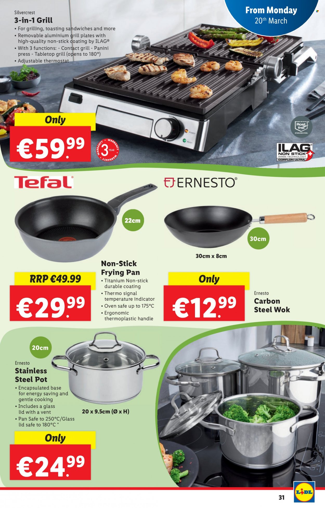 thumbnail - Lidl offer  - 16.03.2023 - 22.03.2023 - Sales products - SilverCrest, panini, Signal, Ernesto, lid, plate, pot, pan, wok, oven, sandwich press, grill. Page 31.