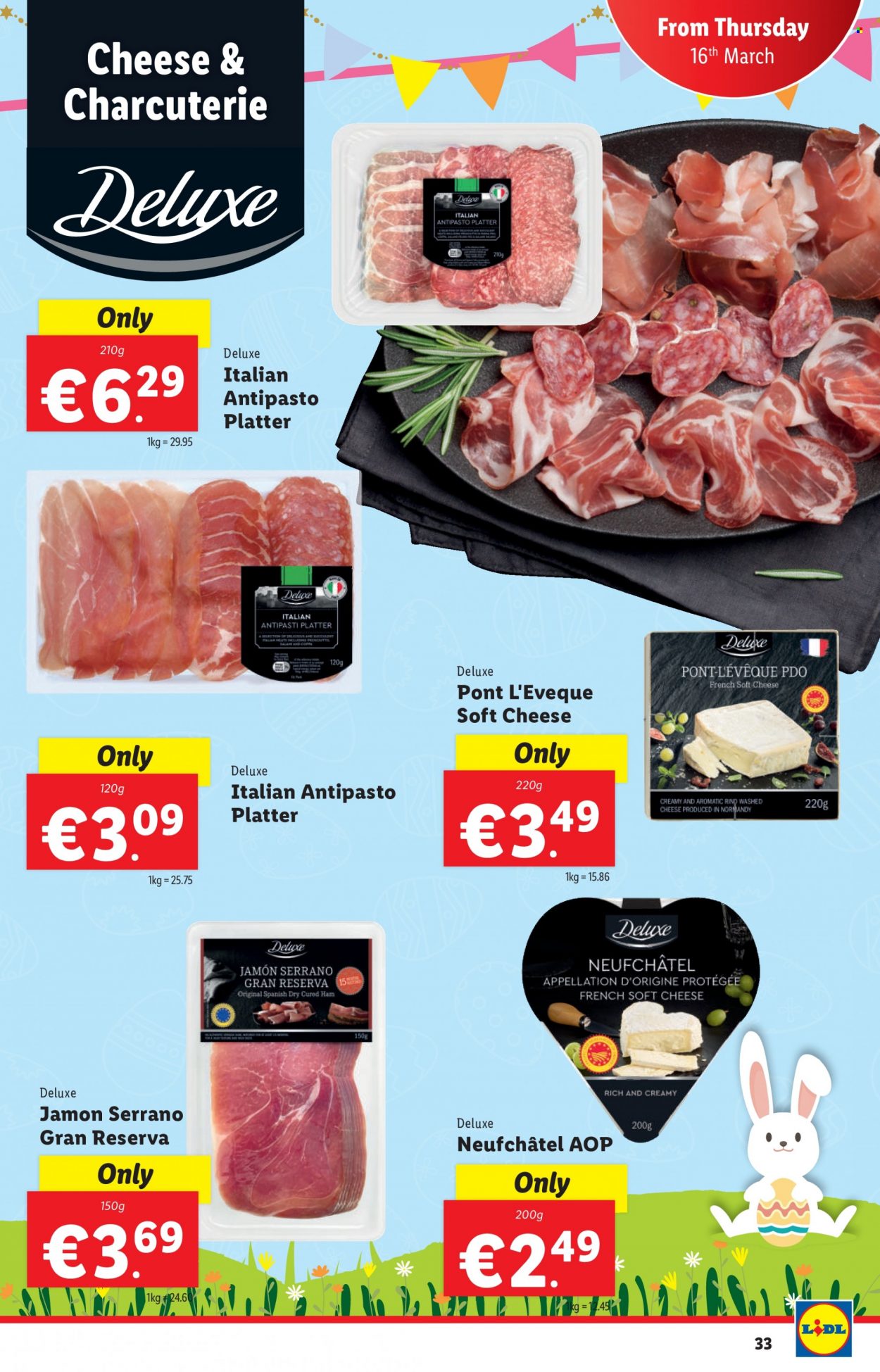 thumbnail - Lidl offer  - 16.03.2023 - 22.03.2023 - Sales products - ham, Neufchâtel, soft cheese, platters. Page 33.