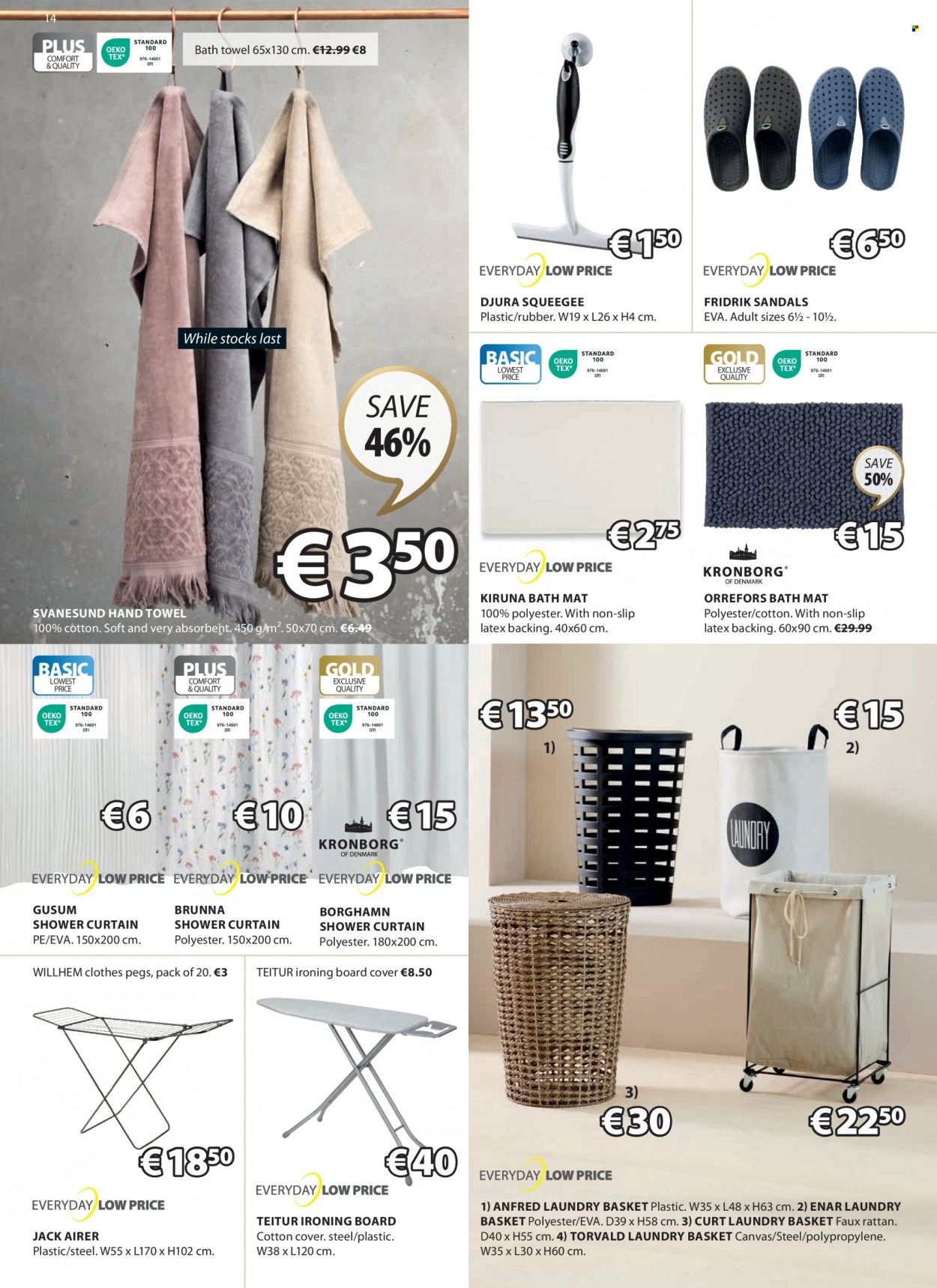 thumbnail - JYSK offer  - 09.03.2023 - 22.03.2023 - Sales products - basket, ironing board, clothes peg, airer, shower curtain, eraser, canvas, curtain, bath mat, bath towel, towel, hand towel. Page 14.