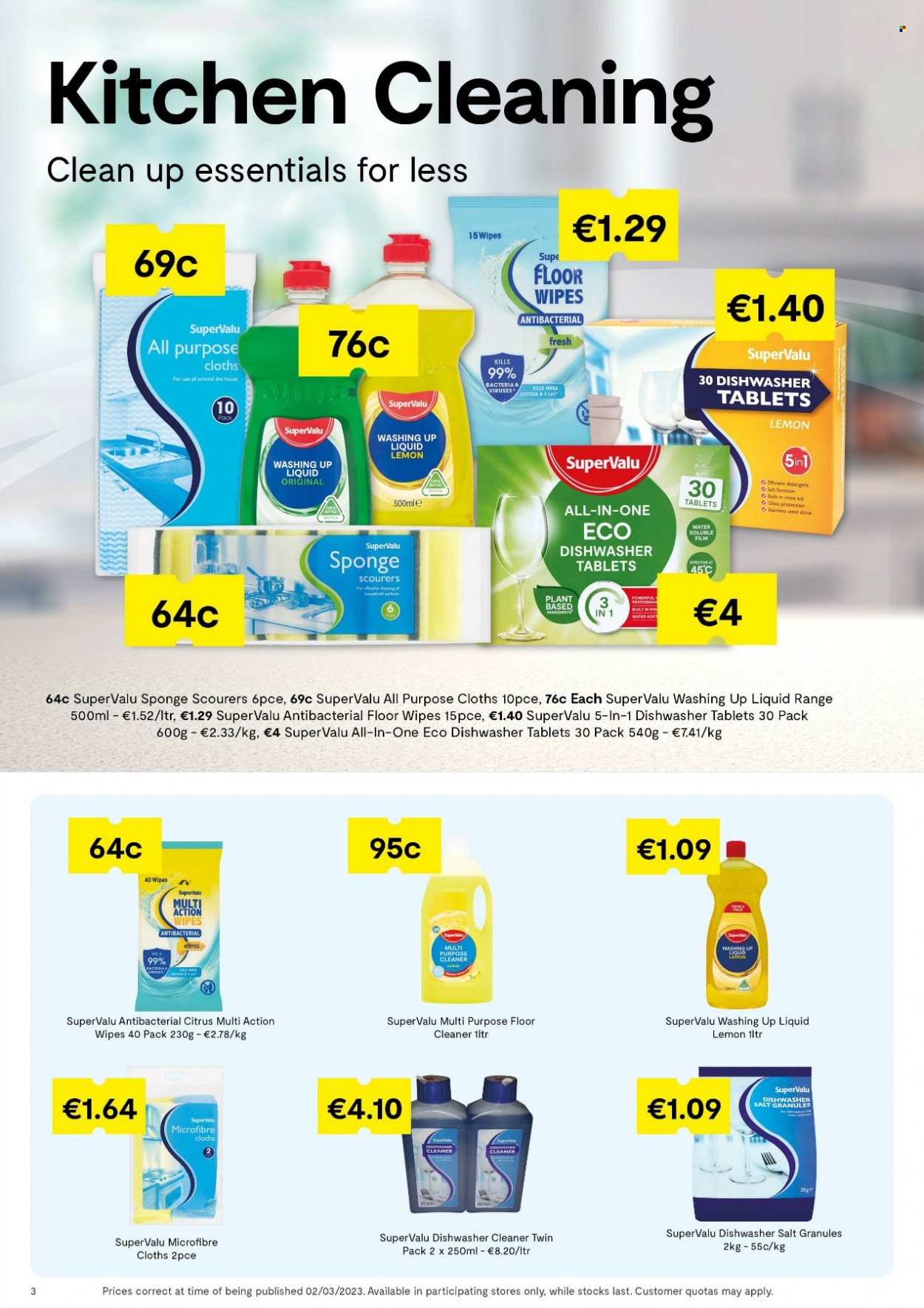 thumbnail - SuperValu offer  - 02.03.2023 - 22.03.2023 - Sales products - salt, water, wipes, detergent, cleaner, floor cleaner, dishwashing liquid, dishwasher cleaner, dishwasher tablets. Page 3.