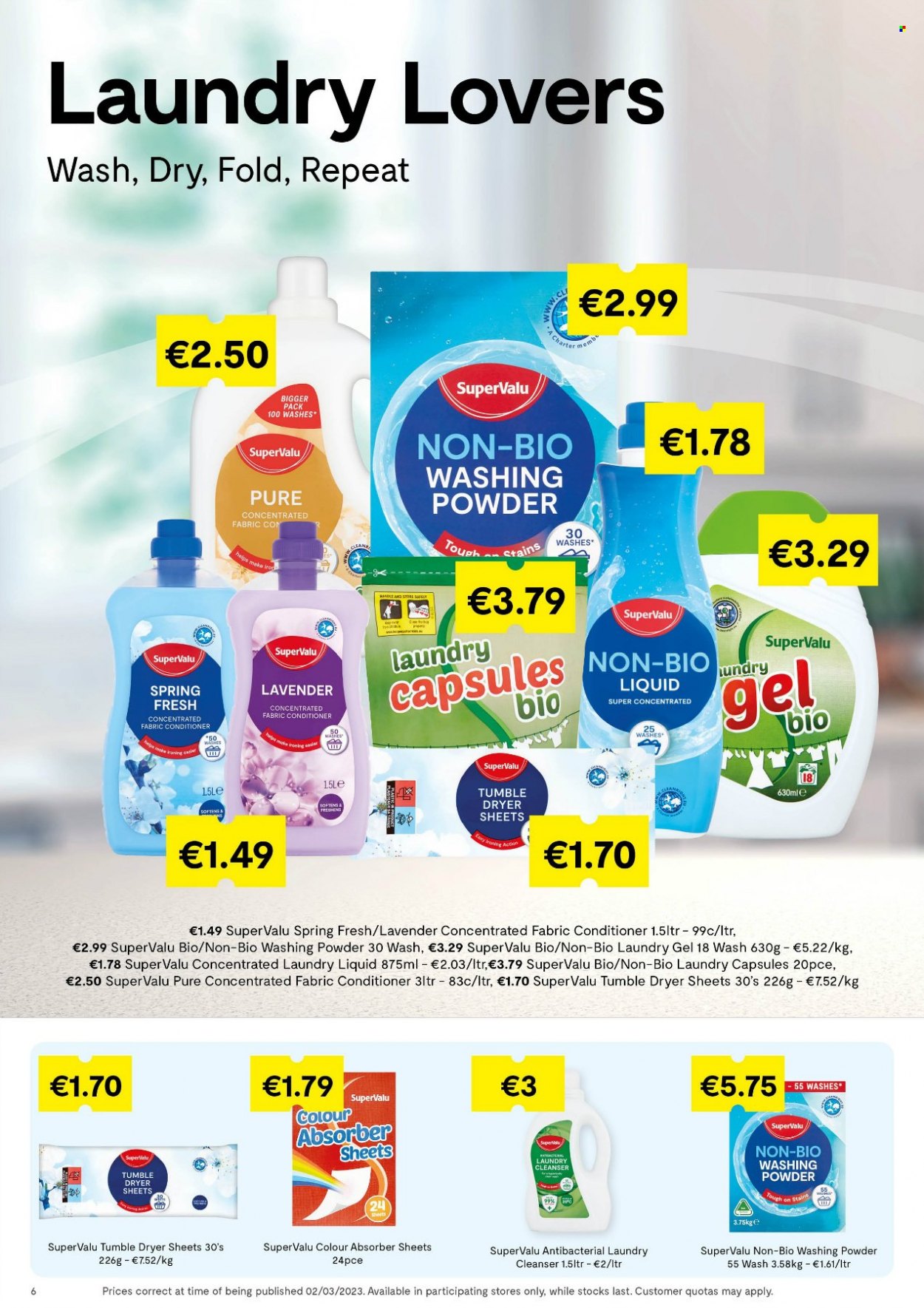 thumbnail - SuperValu offer  - 02.03.2023 - 22.03.2023 - Sales products - laundry detergent, laundry powder, laundry capsules, dryer sheets, cleanser. Page 6.