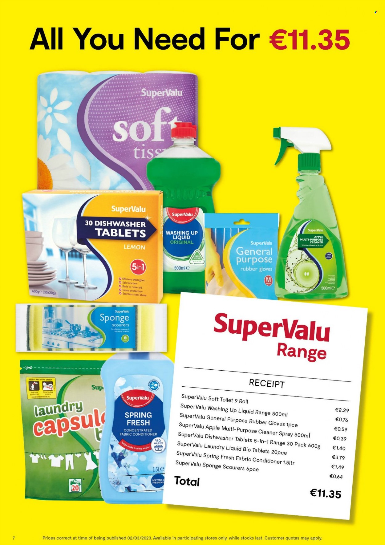 thumbnail - SuperValu offer  - 02.03.2023 - 22.03.2023 - Sales products - salt, detergent, cleaner, laundry detergent, dishwashing liquid, dishwasher cleaner, dishwasher tablets, gloves, sponge. Page 7.
