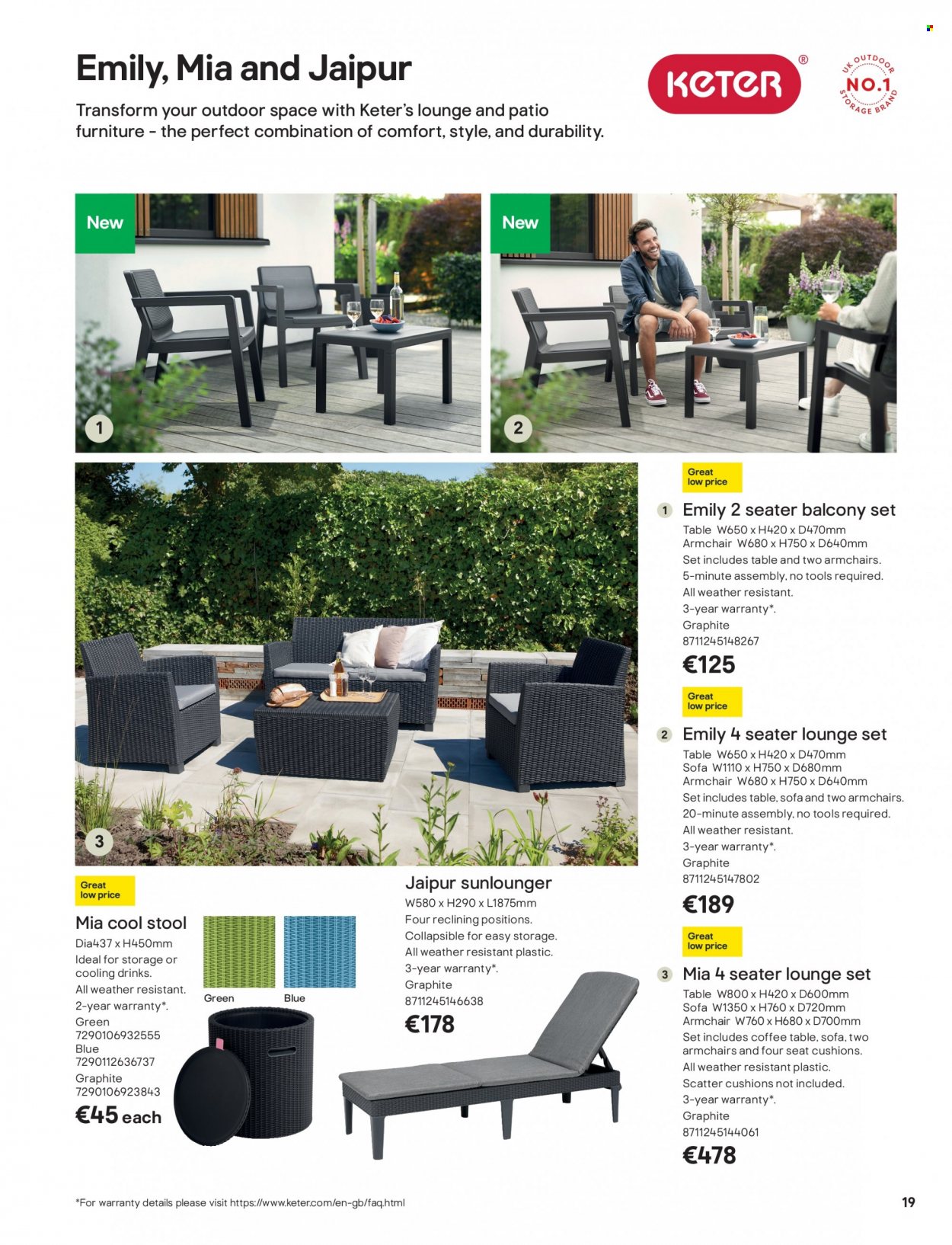 thumbnail - B&Q offer  - Sales products - stool, arm chair, sofa, lounge, coffee table, patio furniture, cushion. Page 19.