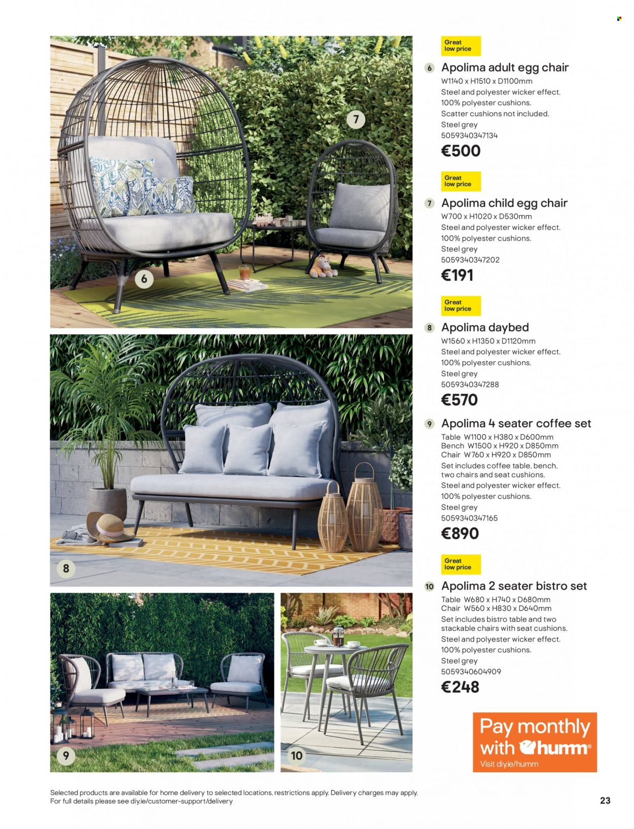 thumbnail - B&Q offer  - Sales products - table, chair, bench, coffee table, daybed, cushion. Page 23.