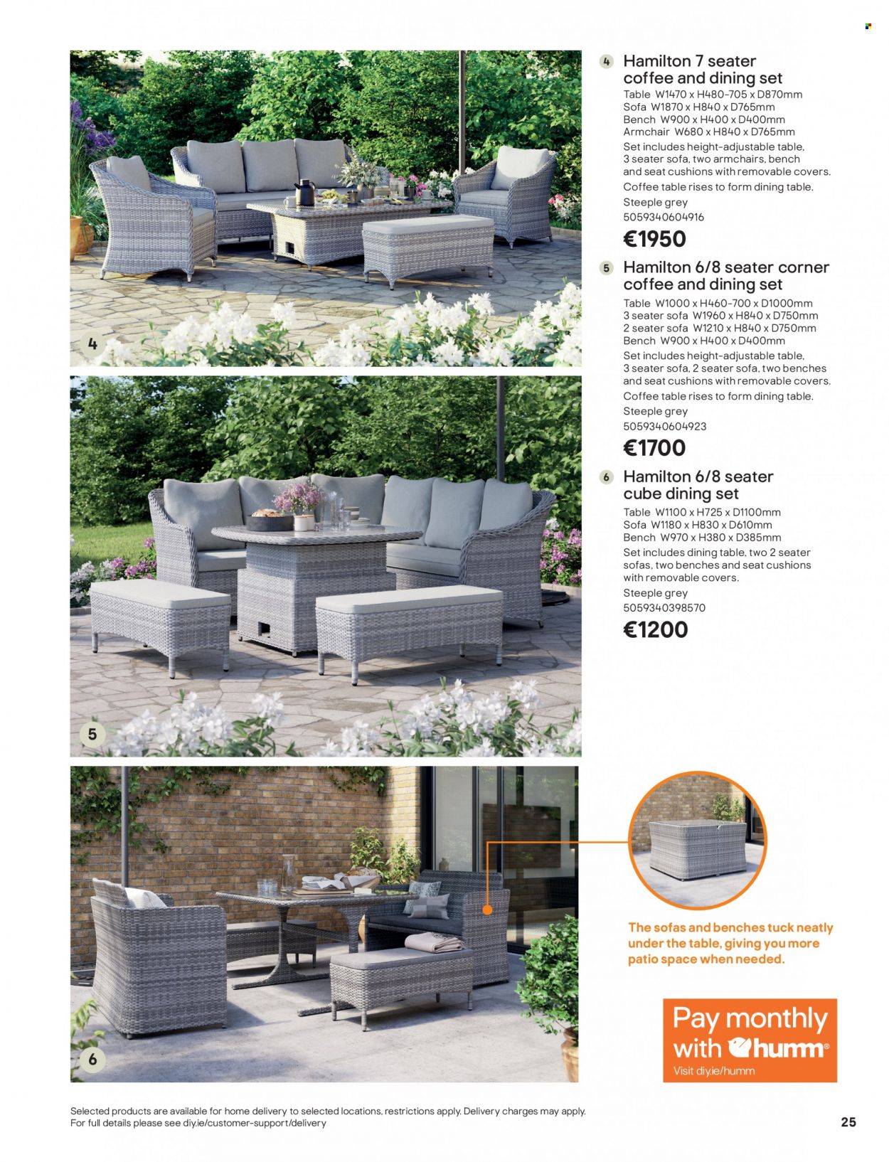 thumbnail - B&Q offer  - Sales products - dining set, dining table, bench, arm chair, sofa, coffee table, cushion. Page 25.