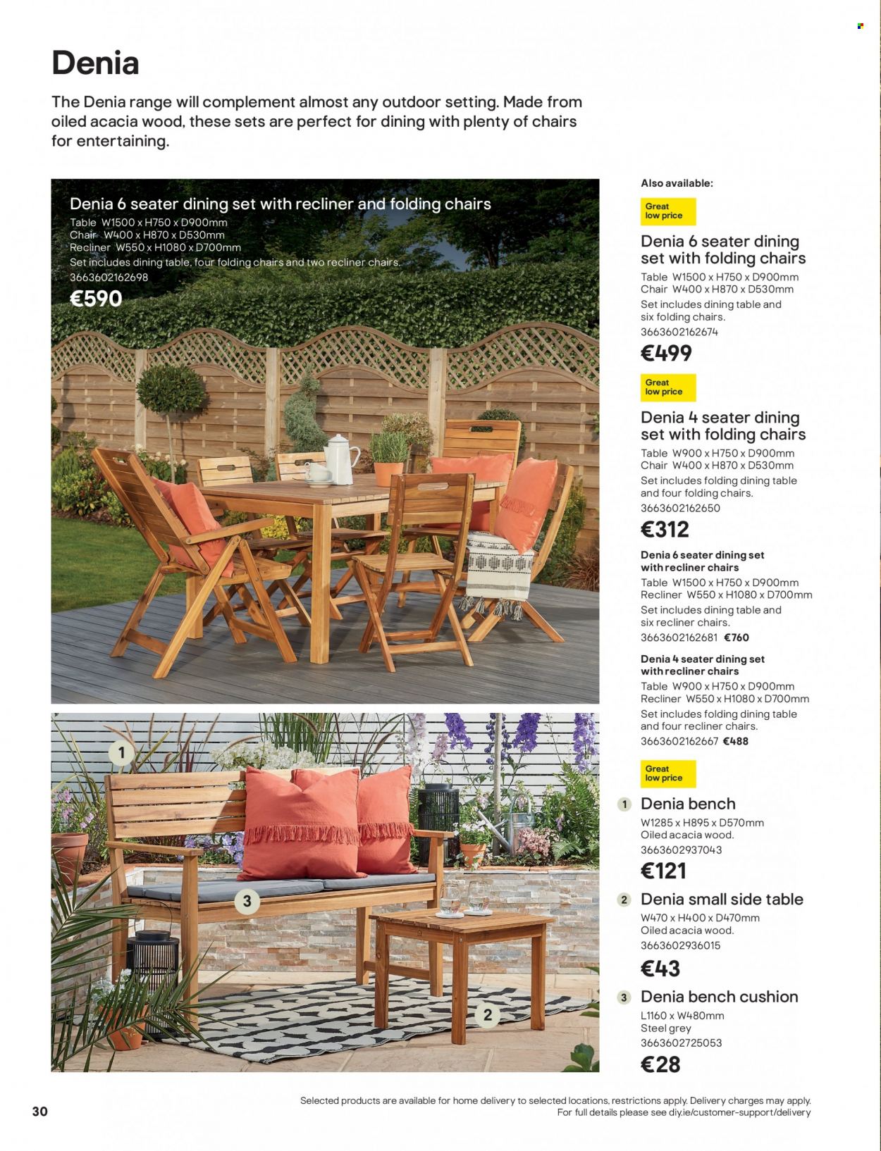 thumbnail - B&Q offer  - Sales products - dining set, dining table, table, chair, bench, recliner chair, sidetable, cushion, bench cushion. Page 30.