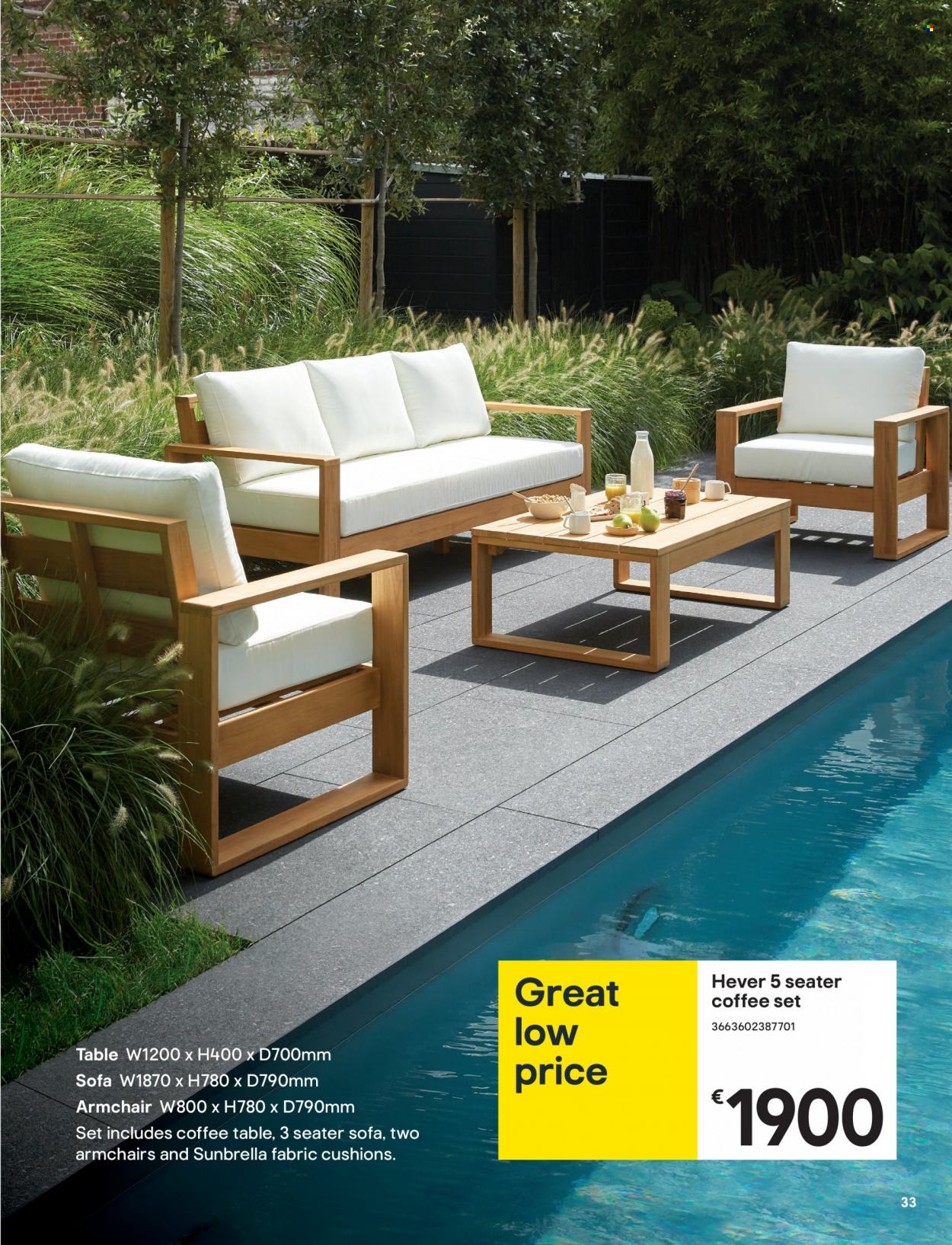 thumbnail - B&Q offer  - Sales products - table, arm chair, sofa, coffee table, cushion. Page 33.