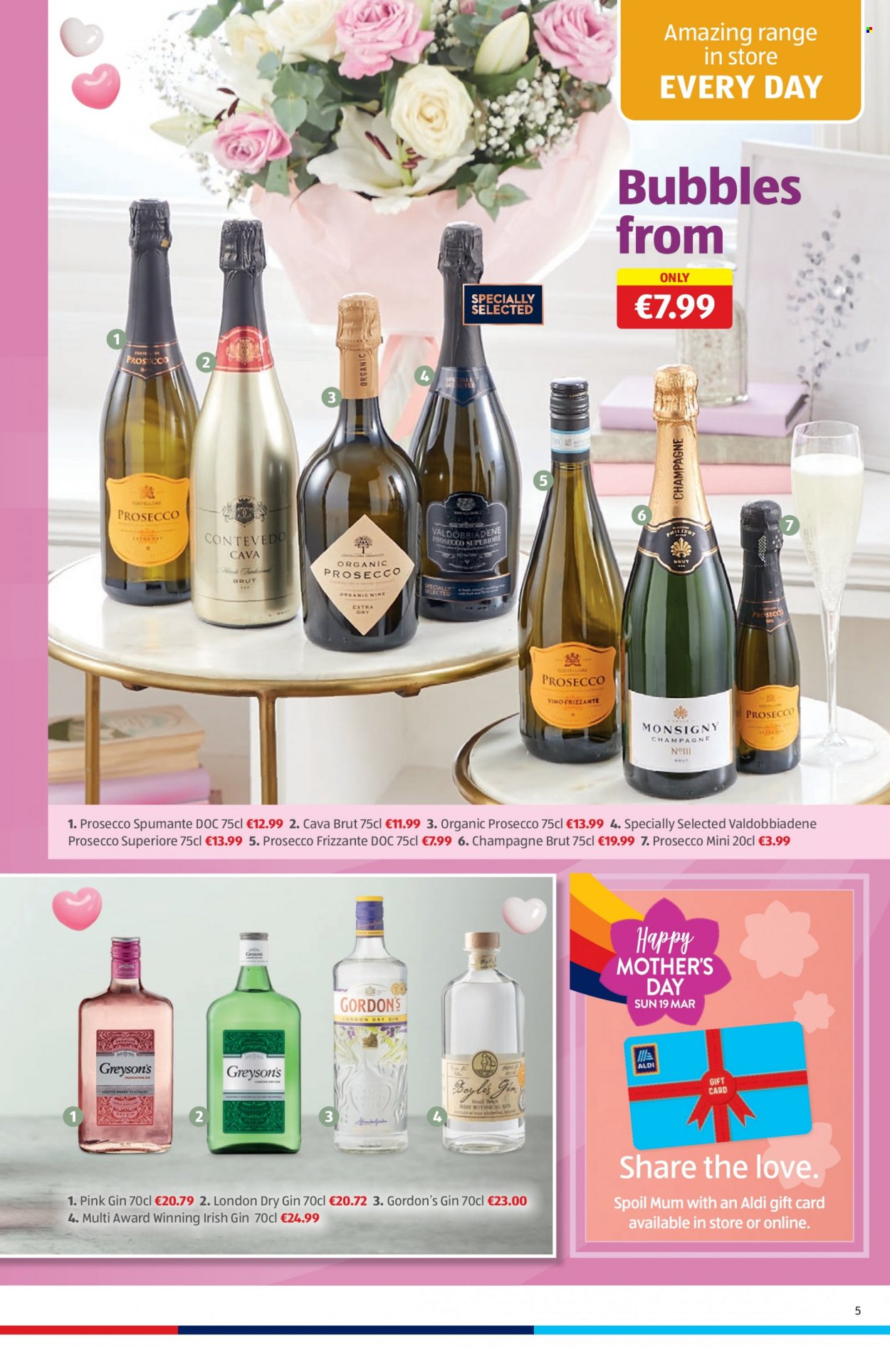 thumbnail - Aldi offer  - 16.03.2023 - 22.03.2023 - Sales products - spumante, champagne, prosecco, organic prosecco, gin, Gordon's, Mum. Page 5.