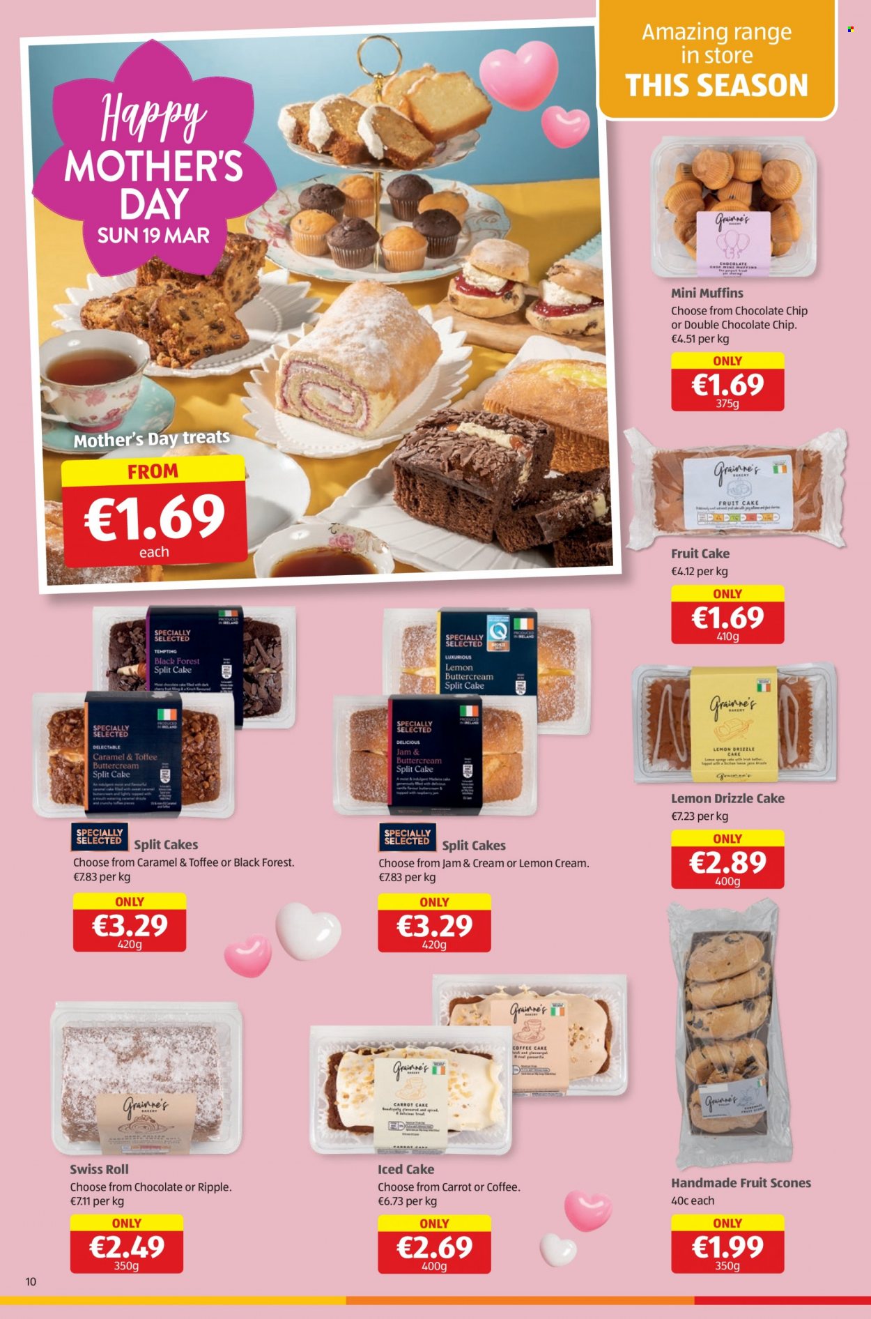 thumbnail - Aldi offer  - 16.03.2023 - 22.03.2023 - Sales products - cake, swiss roll, muffin, coffee cake, chocolate chips, toffee, caramel, fruit jam. Page 10.